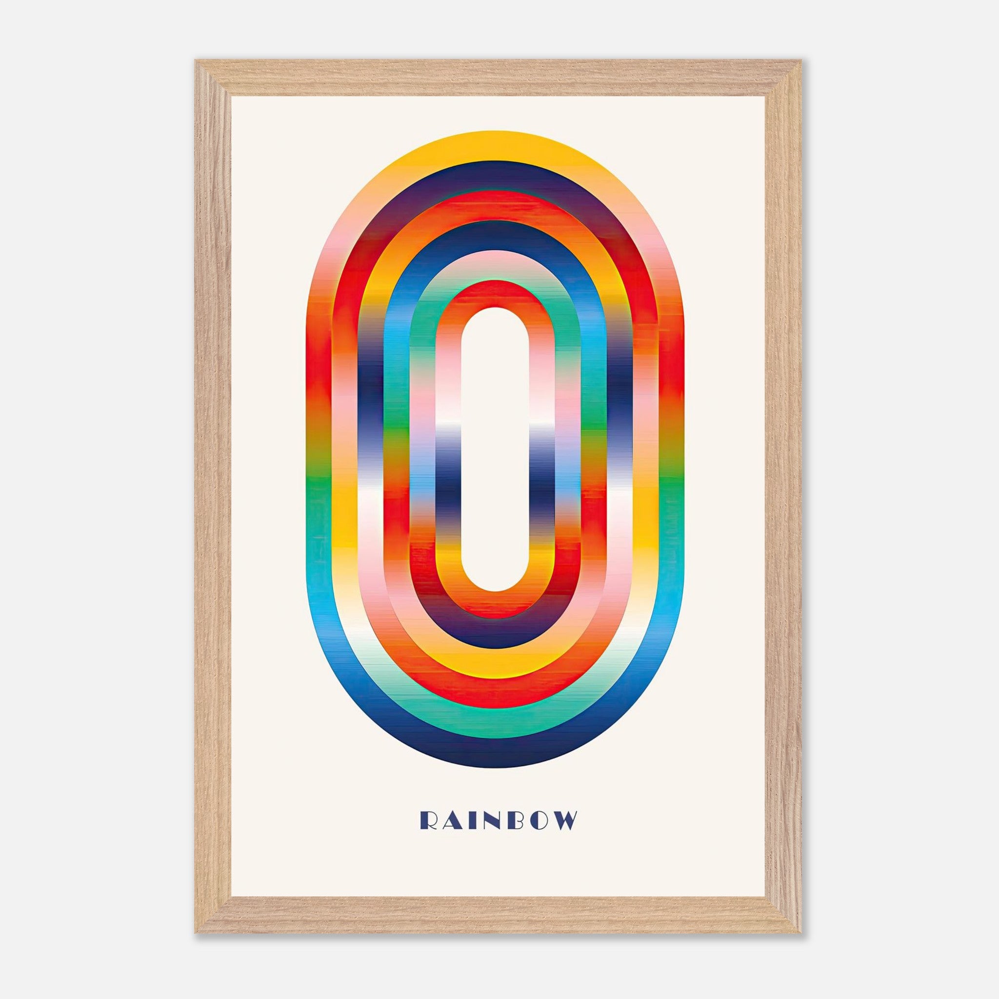 Abstract rainbow geometric art print in vibrant colors with a wooden frame.