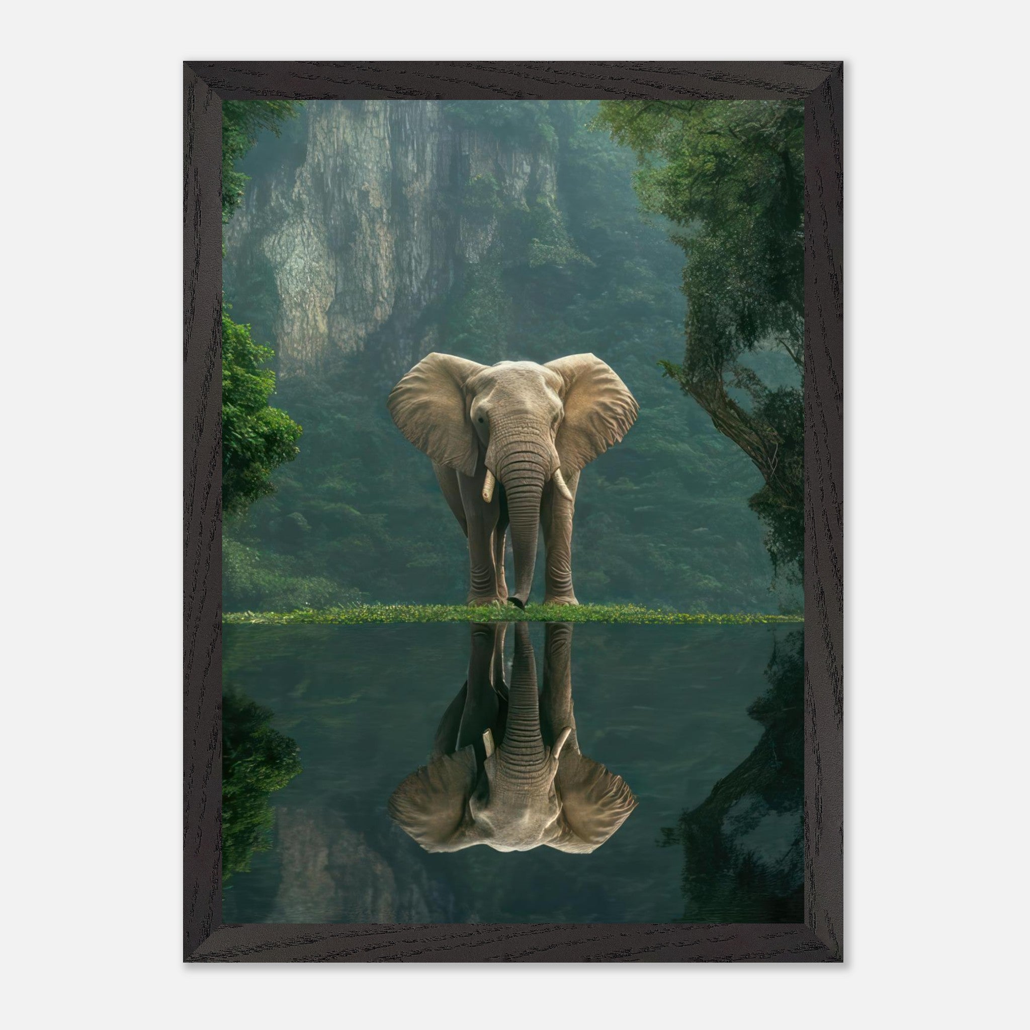 Jungle Elephant Portrait vintage framed print featuring an elephant reflecting in serene water against a lush green background.