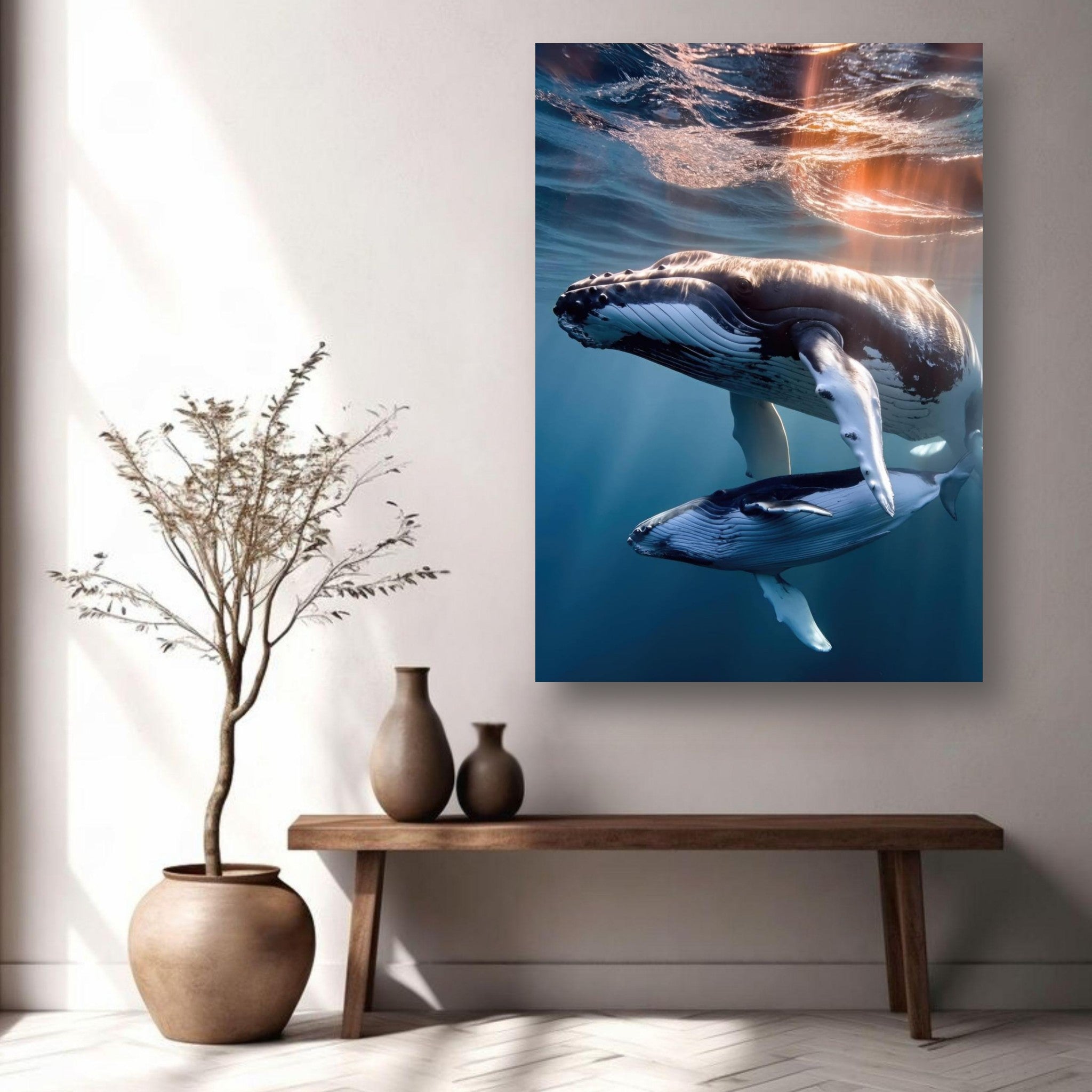 Beautiful underwater photography of a mother humpback whale and her calf stunningly displayed on a metal print.
