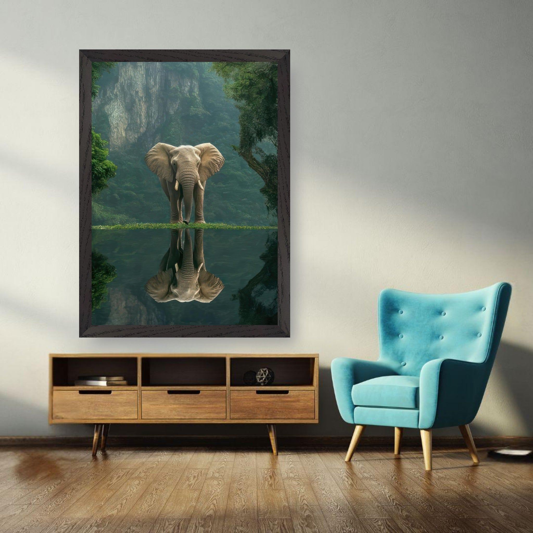 Majestic elephant portrait in vintage frame against lush jungle backdrop, reflecting in calm water.