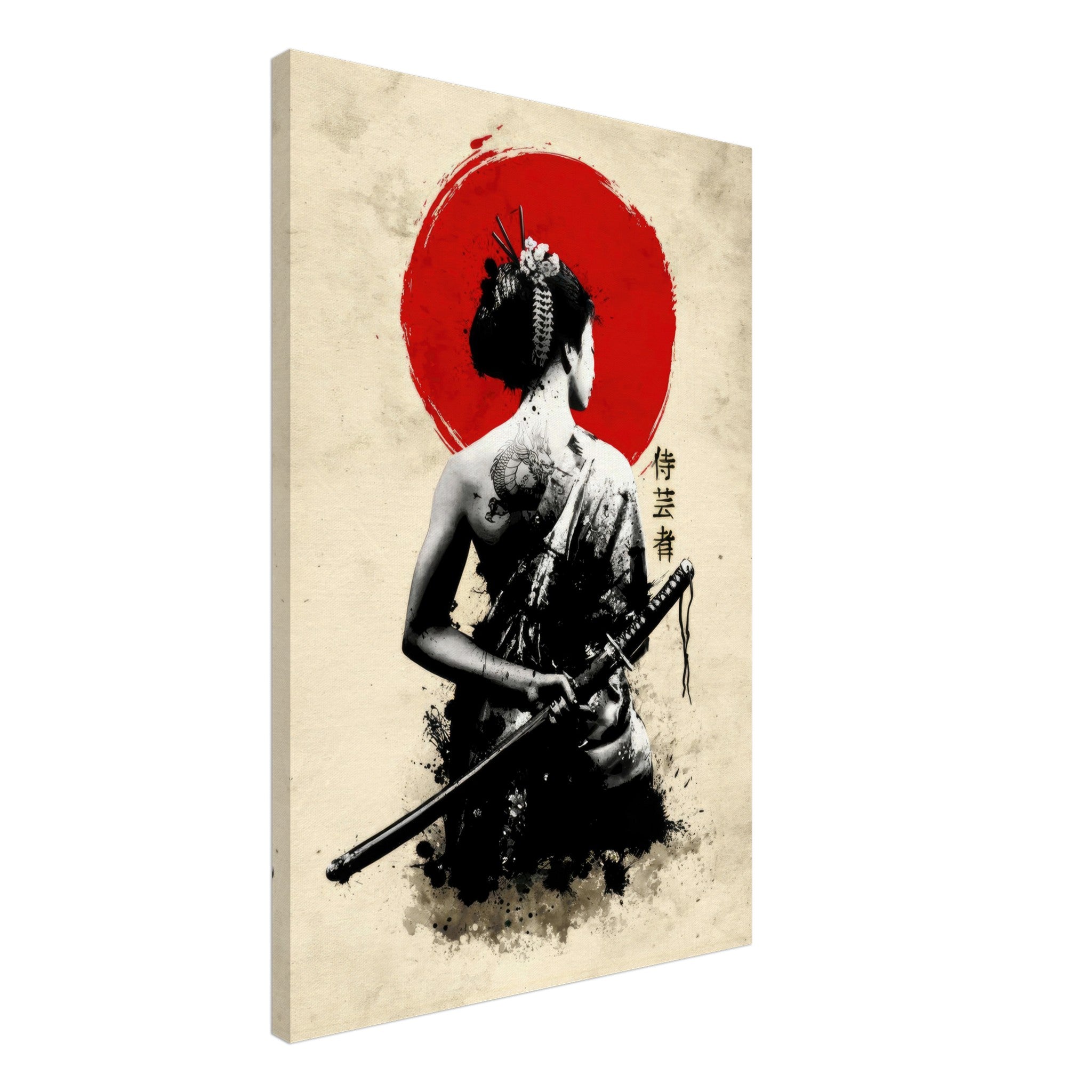 The Samurai Geisha Canvas artwork, combining warrior spirit and Japanese beauty, framed by a bold red sun.