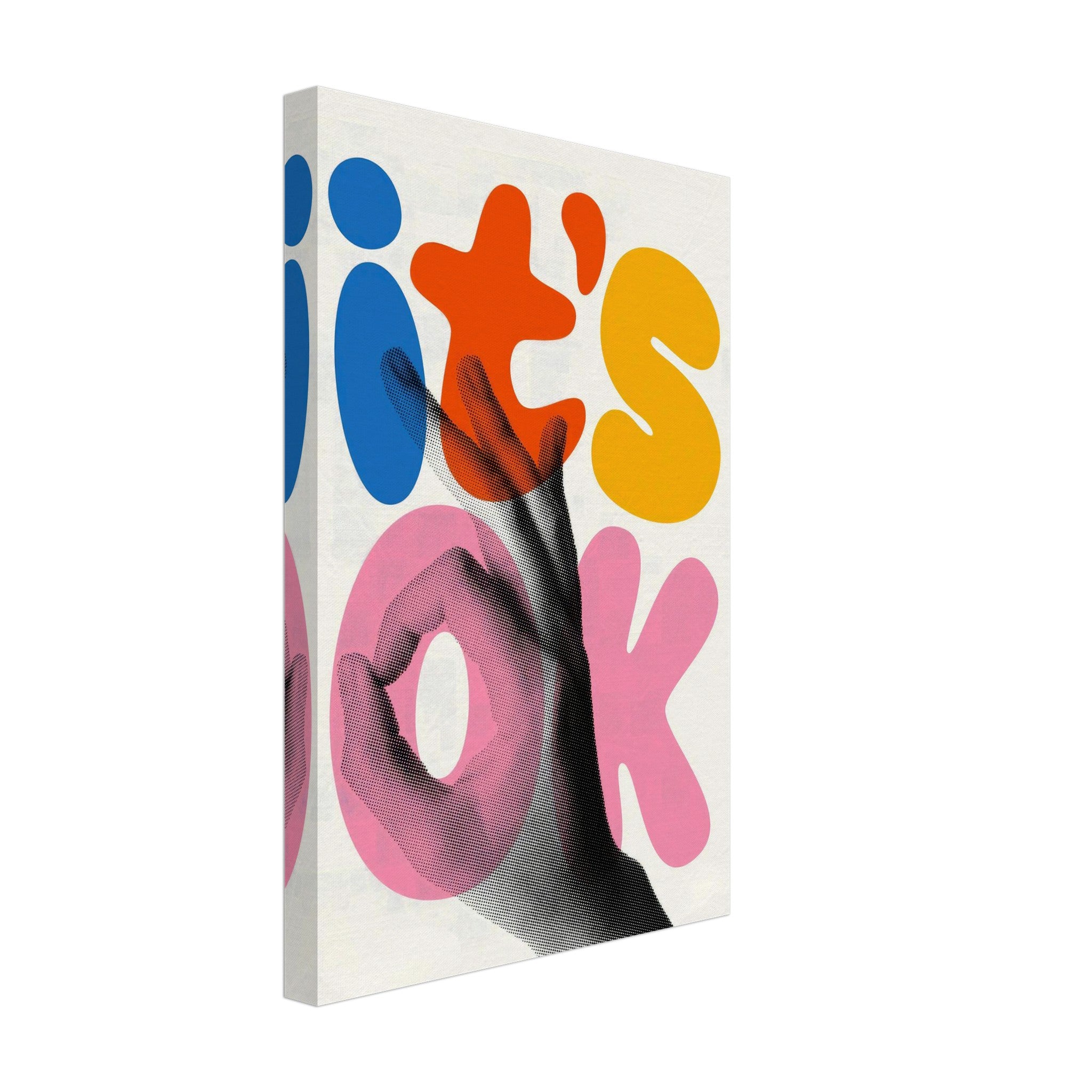 Retro abstract pop art canvas print featuring bold 'It's Ok' typography and a nostalgic hand gesture.
