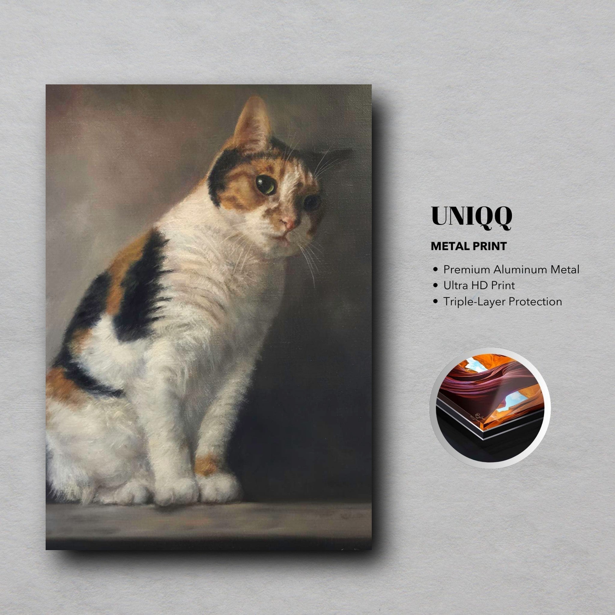 Realistic cat portrait metal print, showcasing lifelike details and vibrant colors, perfect for home decor.