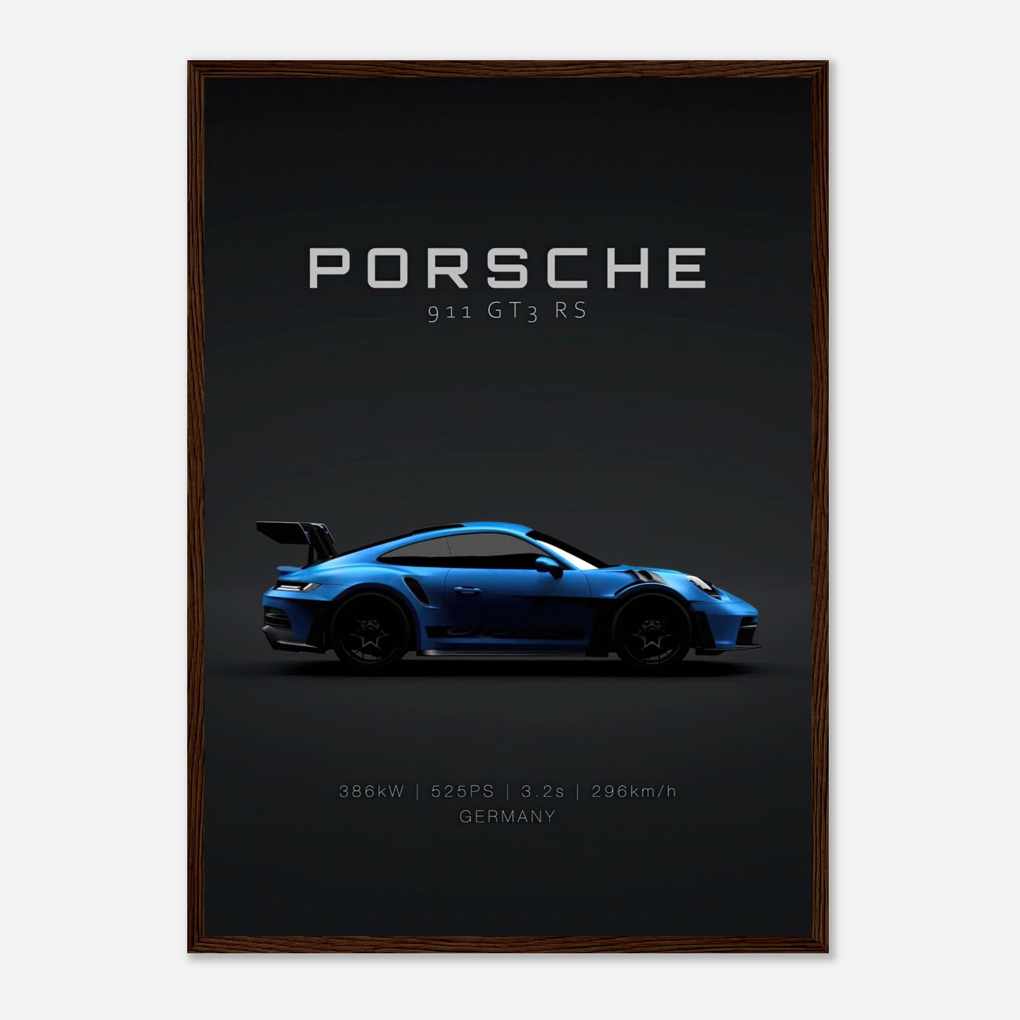 Porsche 911 GT3 RS framed poster featuring a sleek blue sports car profile on a dark background.