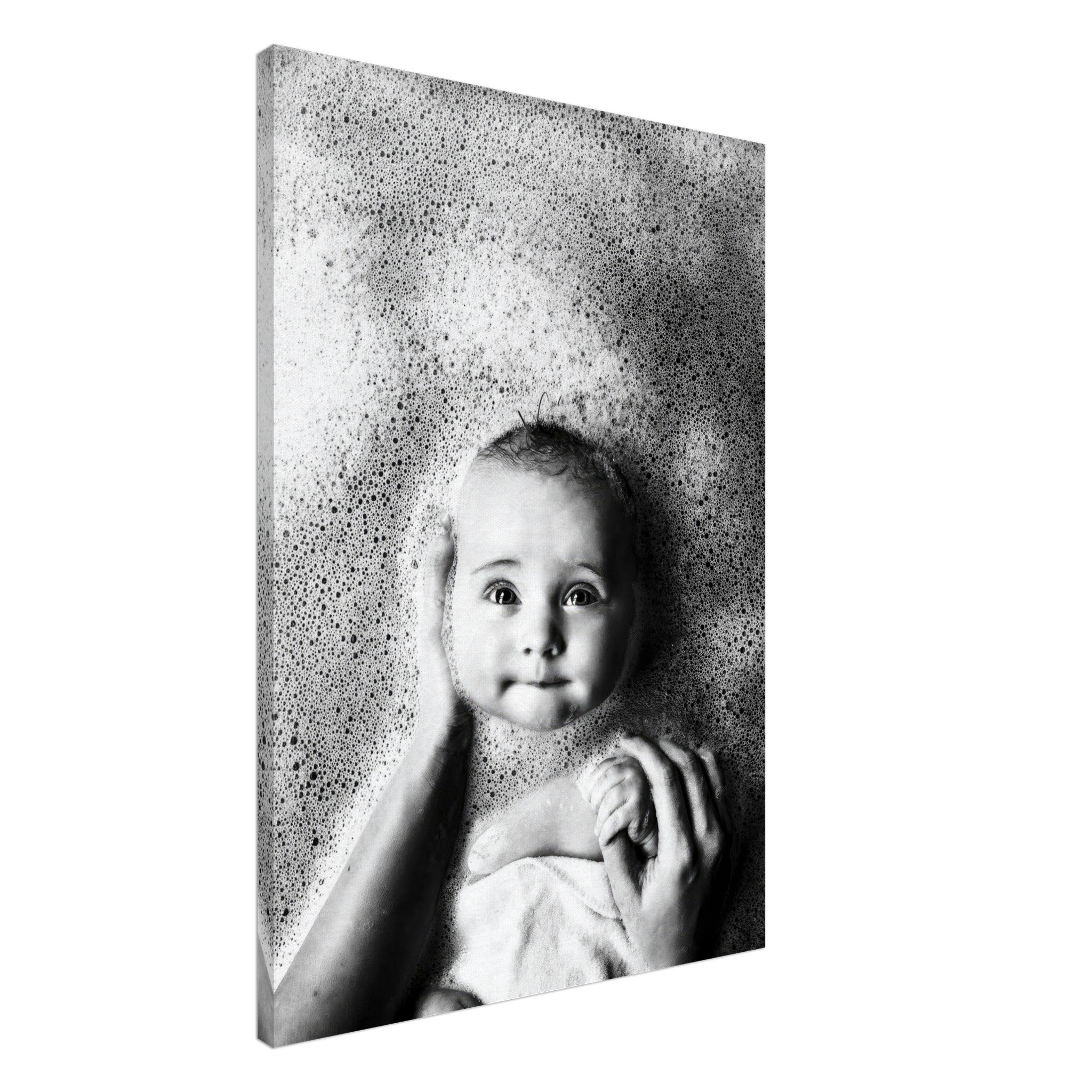 Black-and-white canvas print of a baby in a bubble bath, showcasing innocence and joy in bath time.