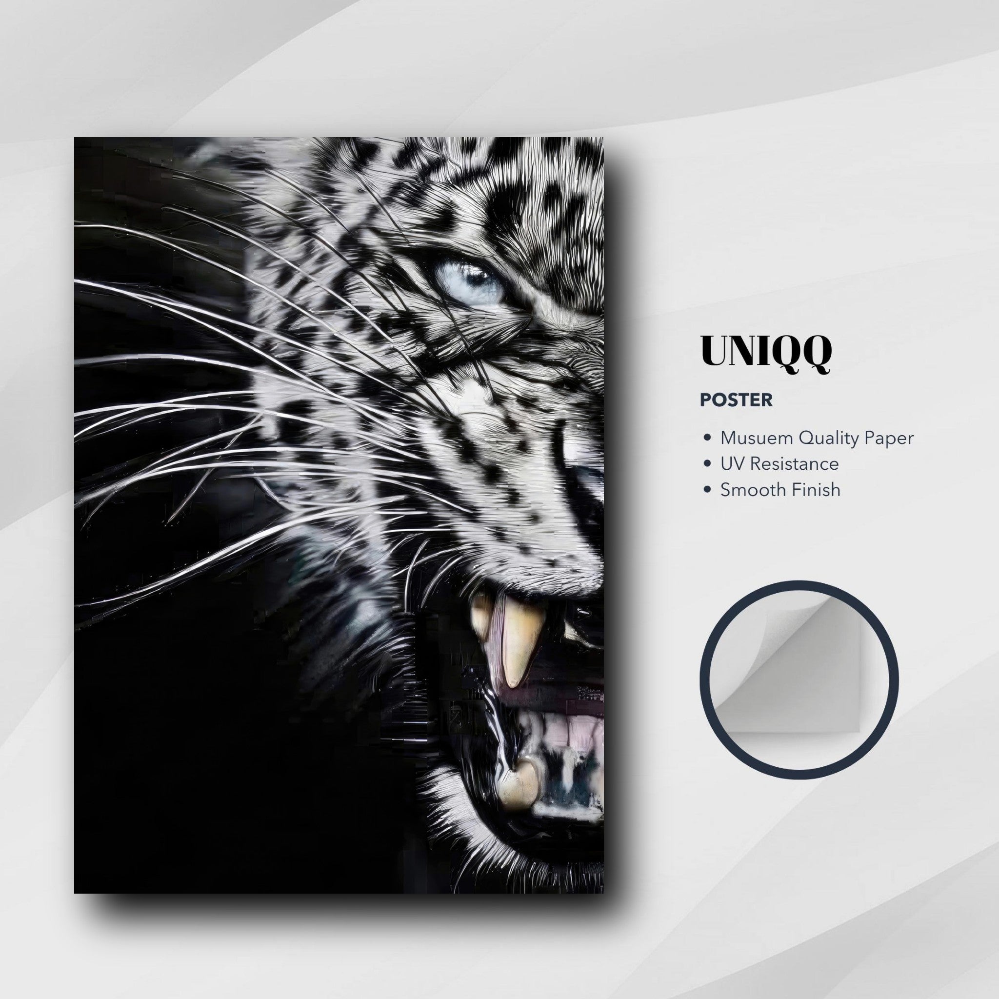 Leopard close-up portrait poster with fierce expression, showcasing intense eyes and sharp fangs on museum-quality paper.