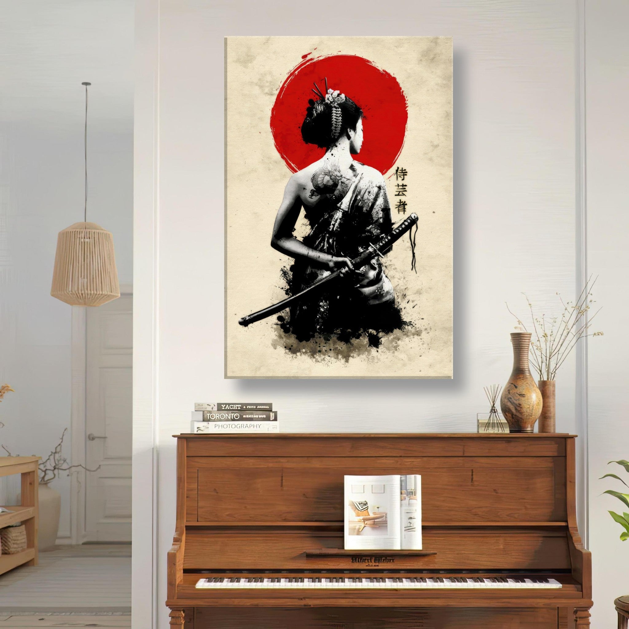 The Samurai Geisha Canvas artwork featuring a geisha with a katana, framed by a bold red sun, in a stylish interior setting.