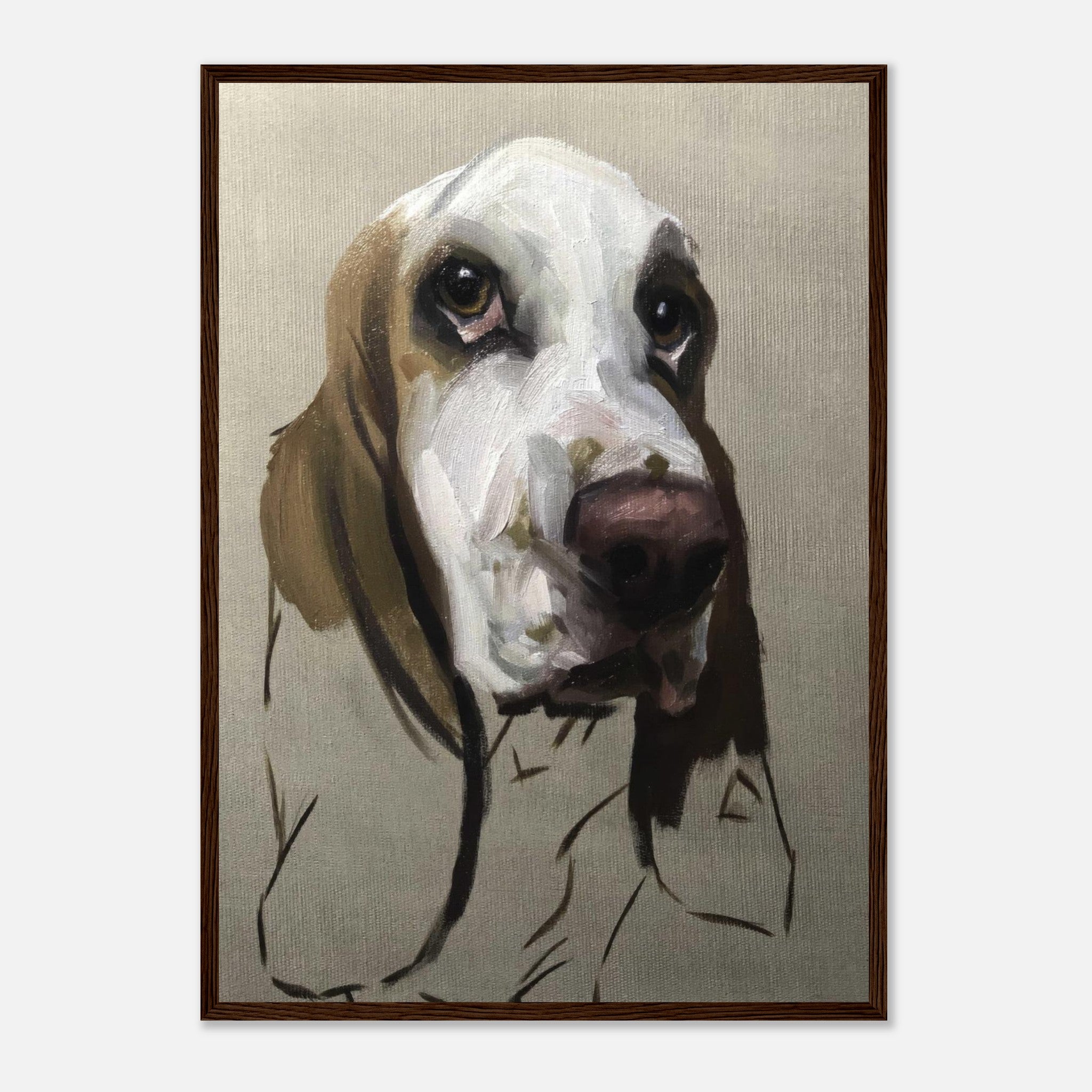 Basset Hound dog painting framed print showcasing soulful eyes and droopy ears in earthy tones.