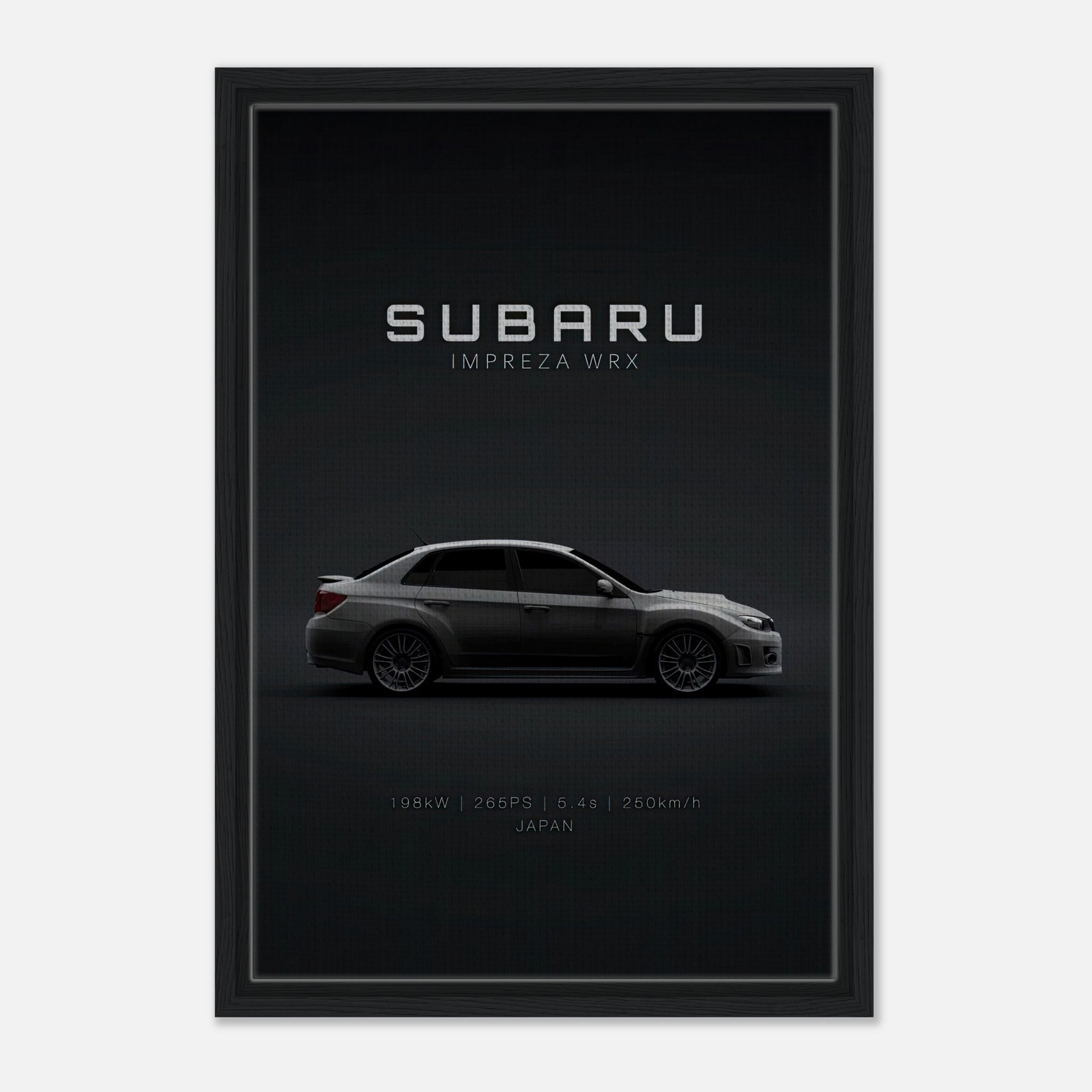 Subaru WRX framed canvas art featuring sleek profile, specs: 198kW, 265PS, 0-100km/h in 6.4s, Japan.