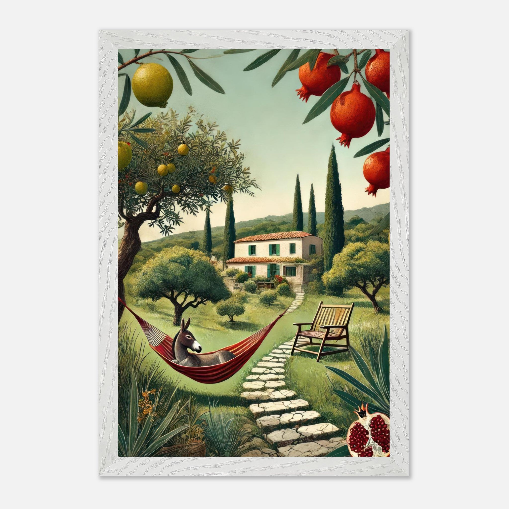 Mediterranean rural landscape print featuring a donkey in a hammock, cypress trees, and vibrant fruits.