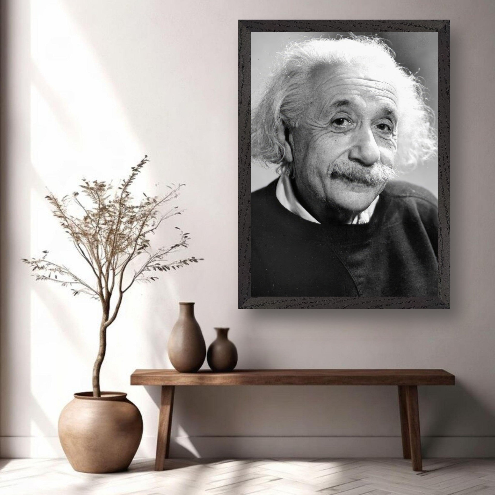 Vintage framed print of Albert Einstein (1946) adding charm to a modern interior decor.