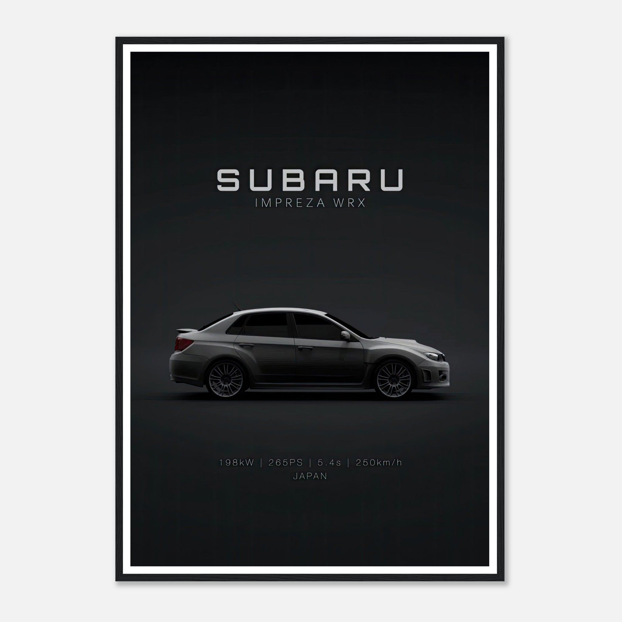 Subaru WRX framed poster featuring a sleek side view of the car against a dark background.