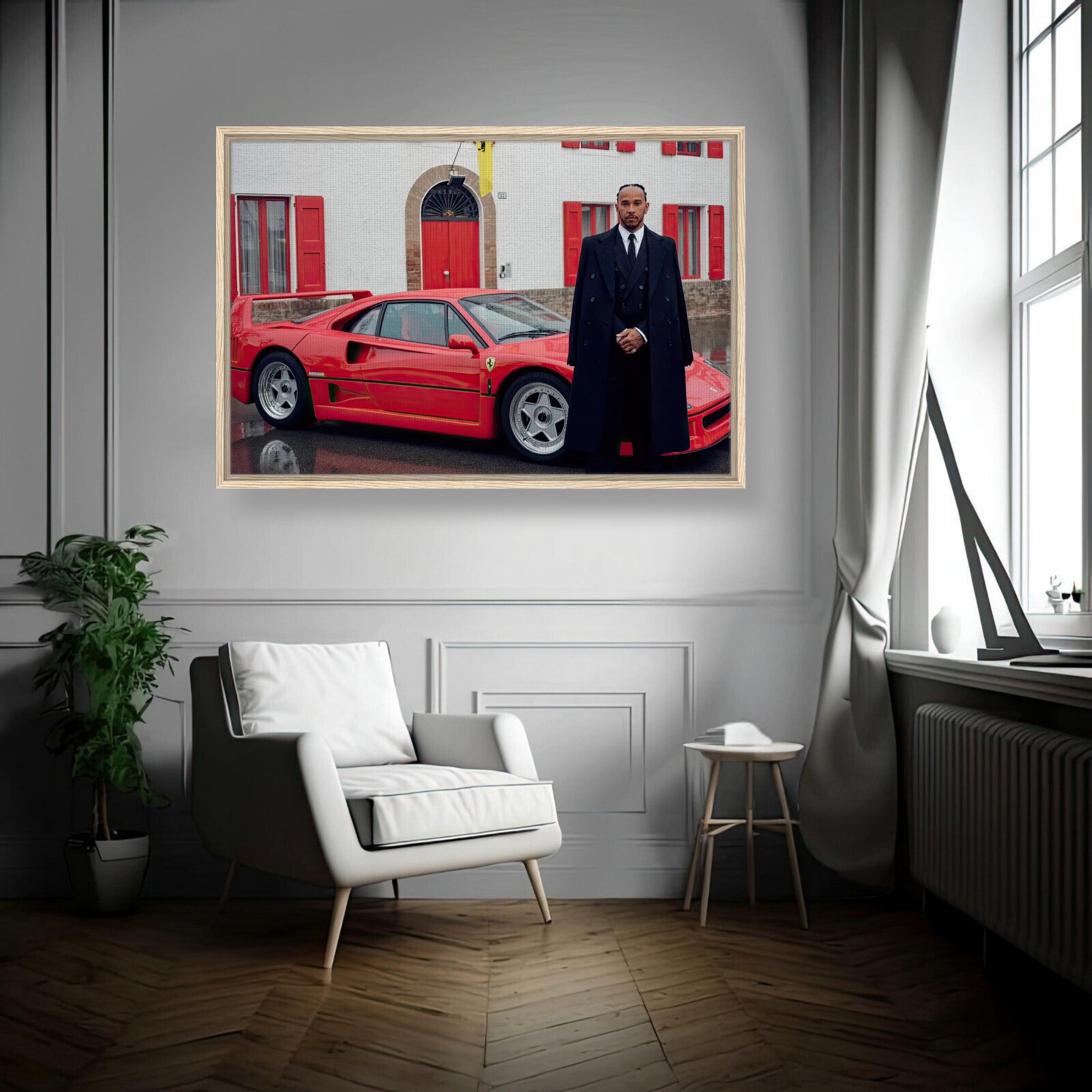 Framed canvas print of a man in a suit beside a red Ferrari F40 in an elegant interior setting.