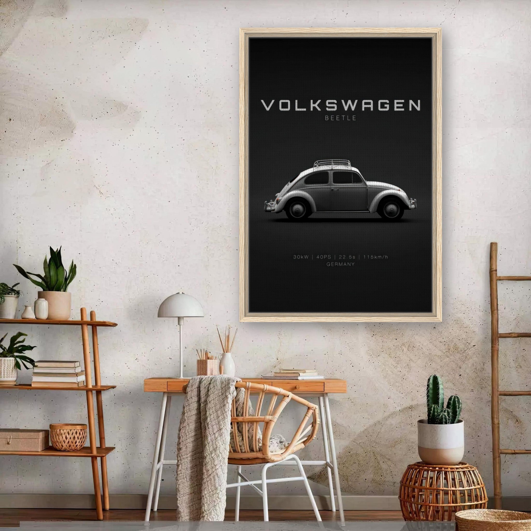 Framed canvas art featuring a classic Volkswagen Beetle on a sleek black background, ideal for home decor.