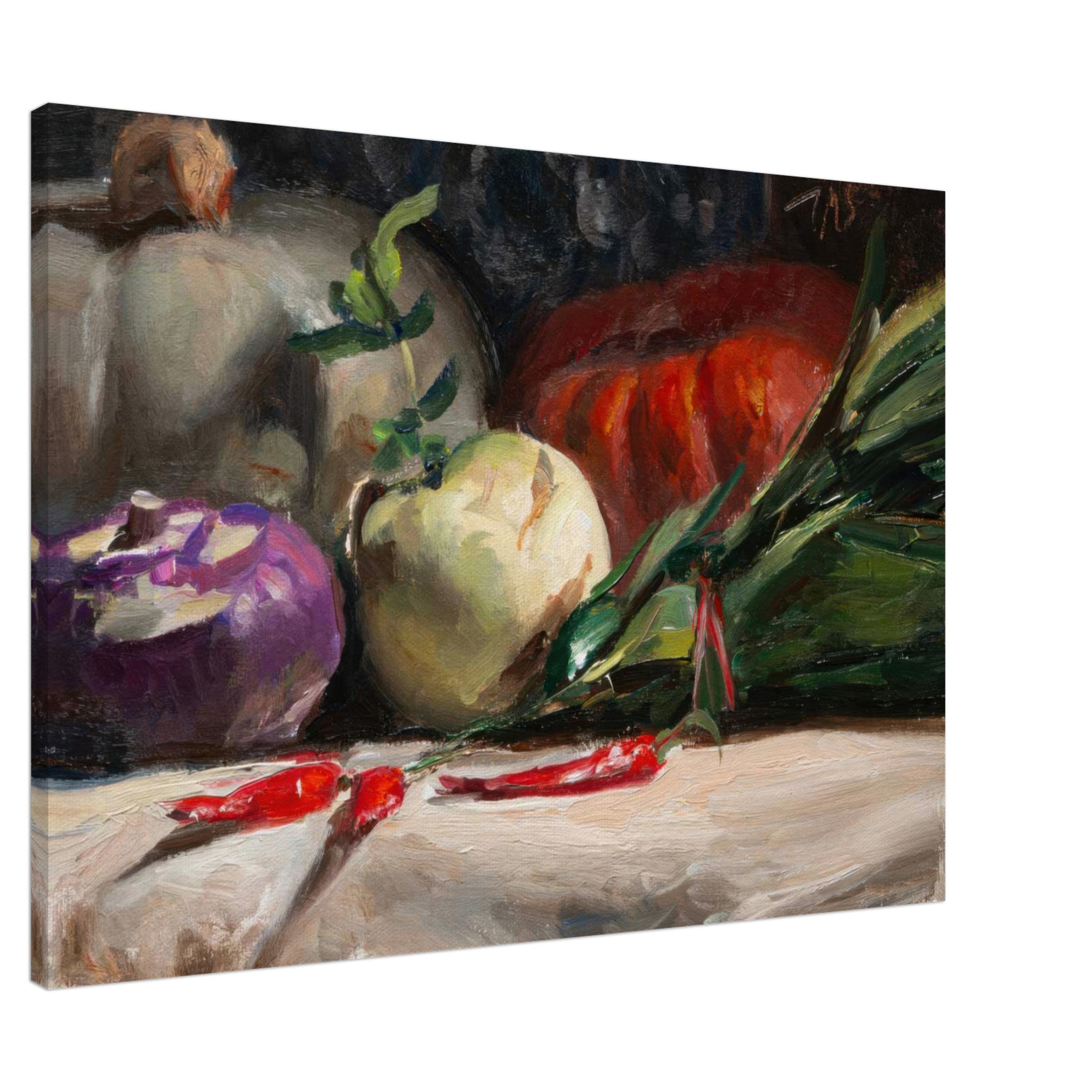 Still life canvas print featuring kohlrabi, pumpkins, and chilis in a vibrant impressionistic style.