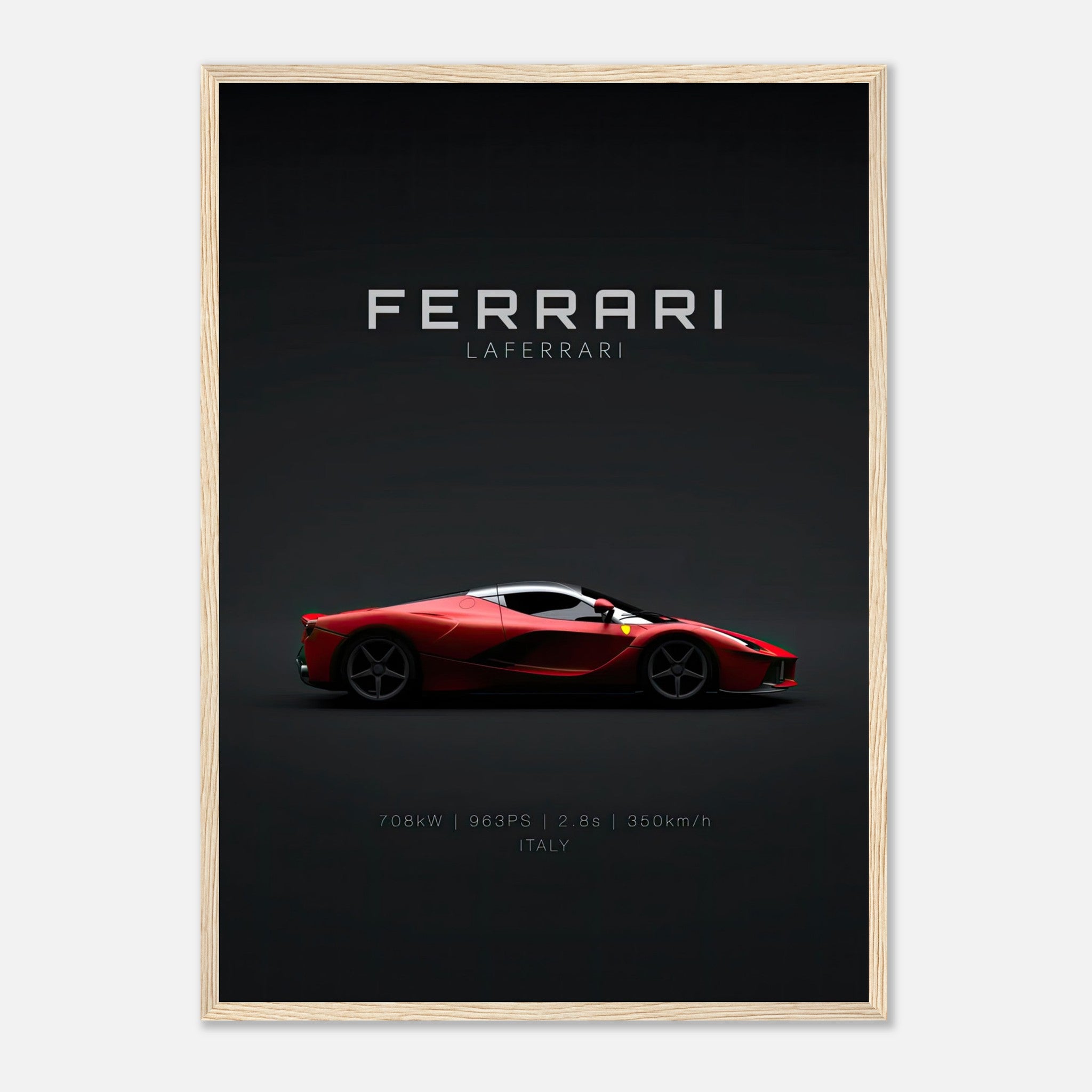 Ferrari Laferrari framed poster showcasing sleek design in iconic red against dark background.