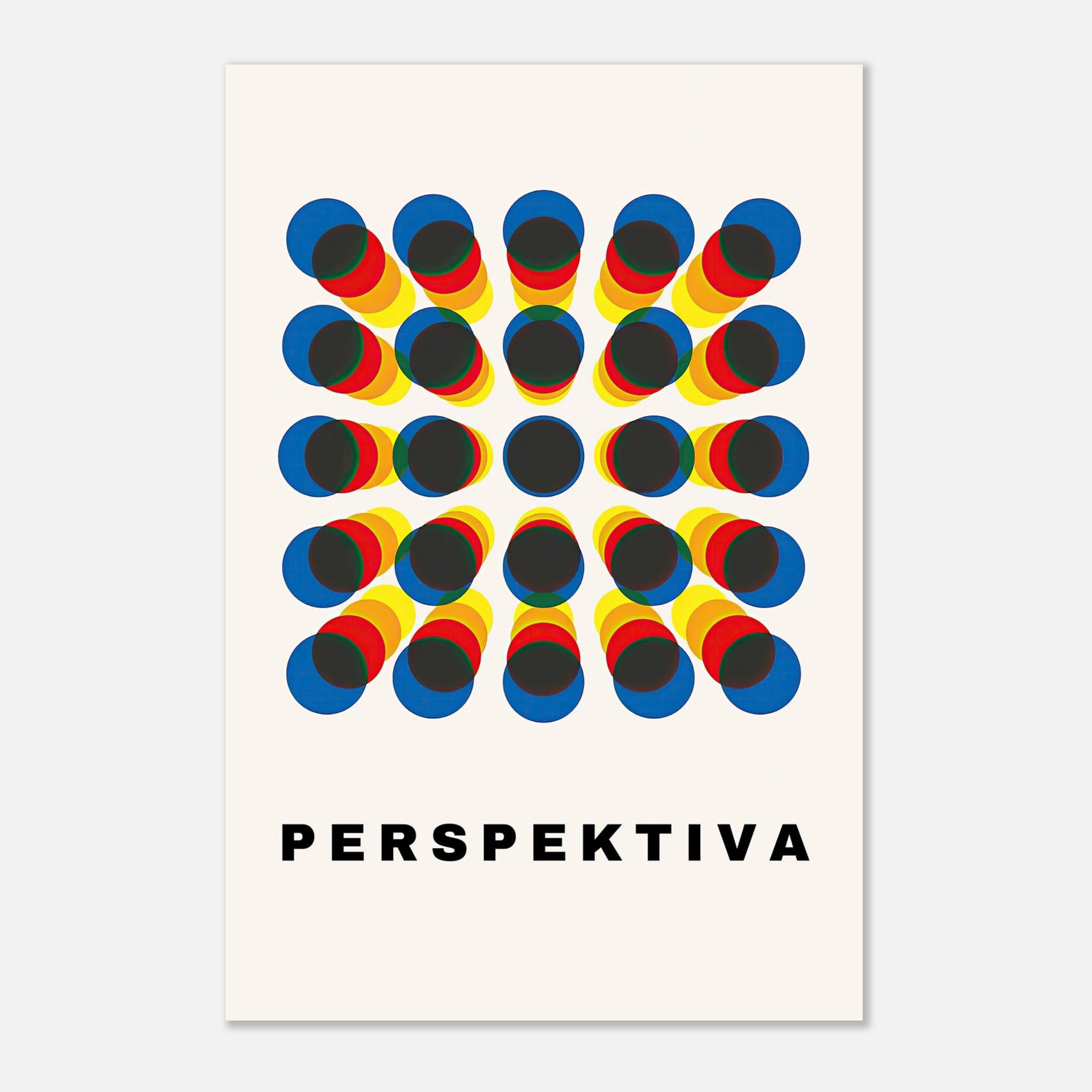 Colorful geometric print titled 'Perspektiva' featuring vibrant circular shapes in red, yellow, and blue.