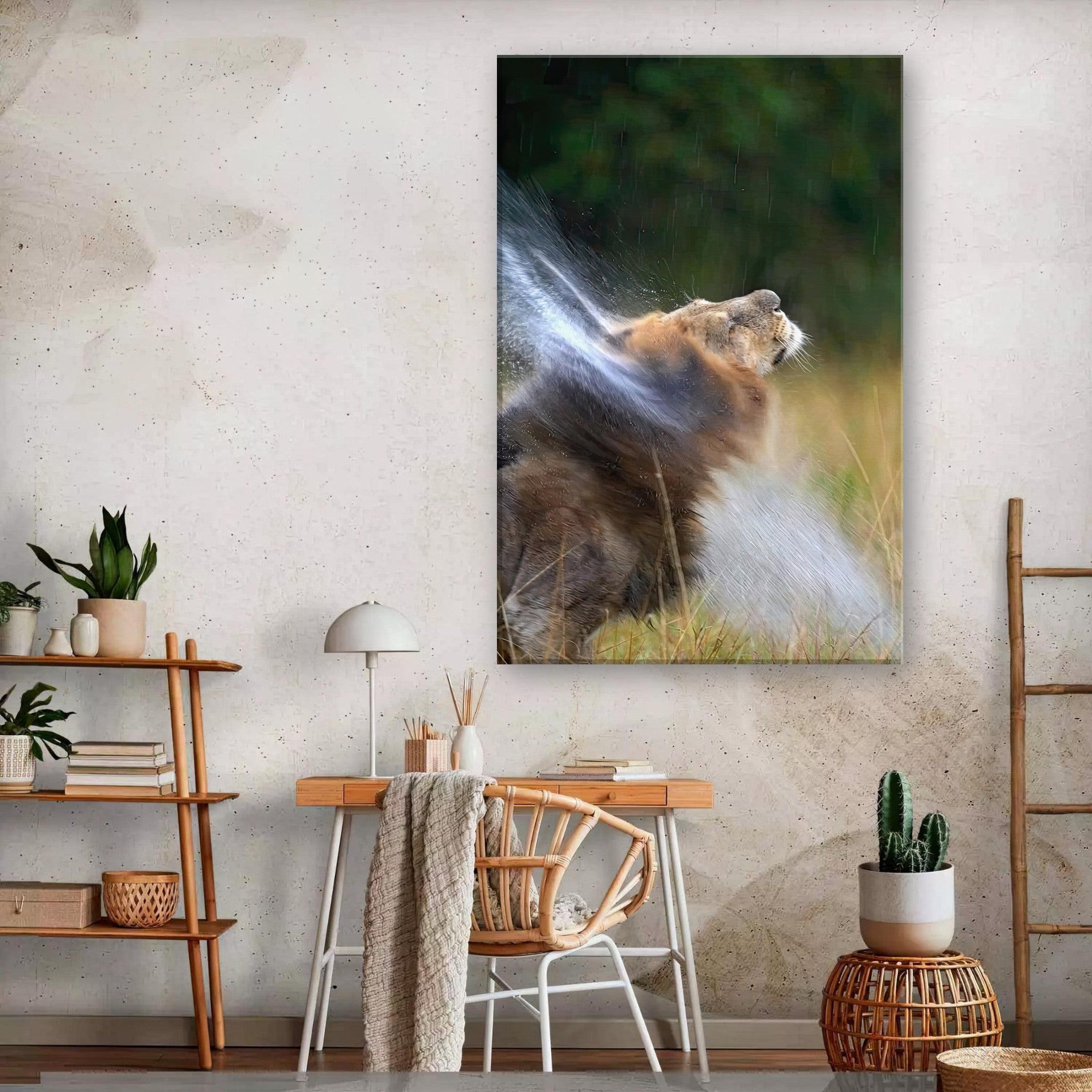 Lion shaking off water in a vibrant canvas artwork, adding nature's power to interior decor.