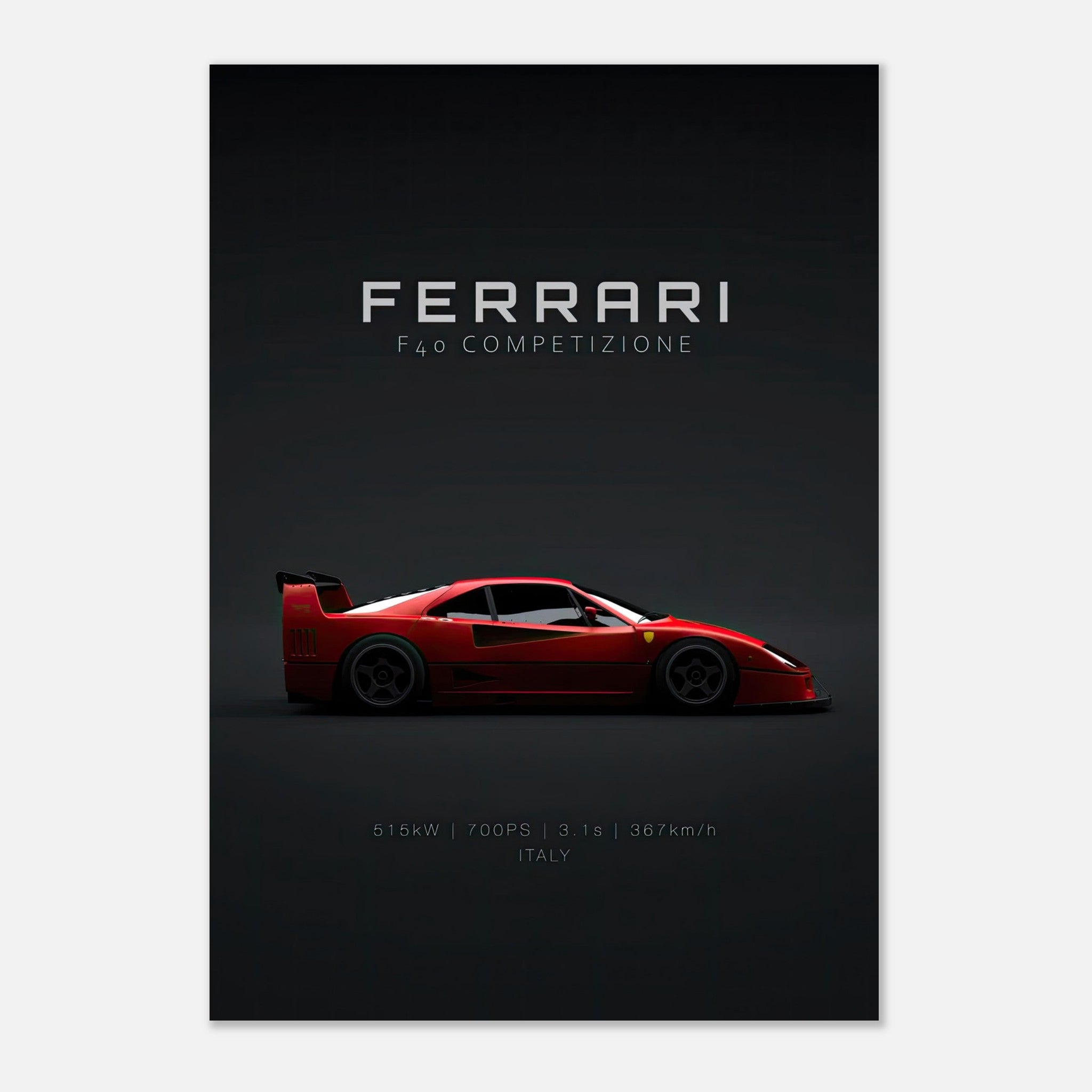 Ferrari F40 Competizione metal print showcasing sleek red supercar profile on dark background.