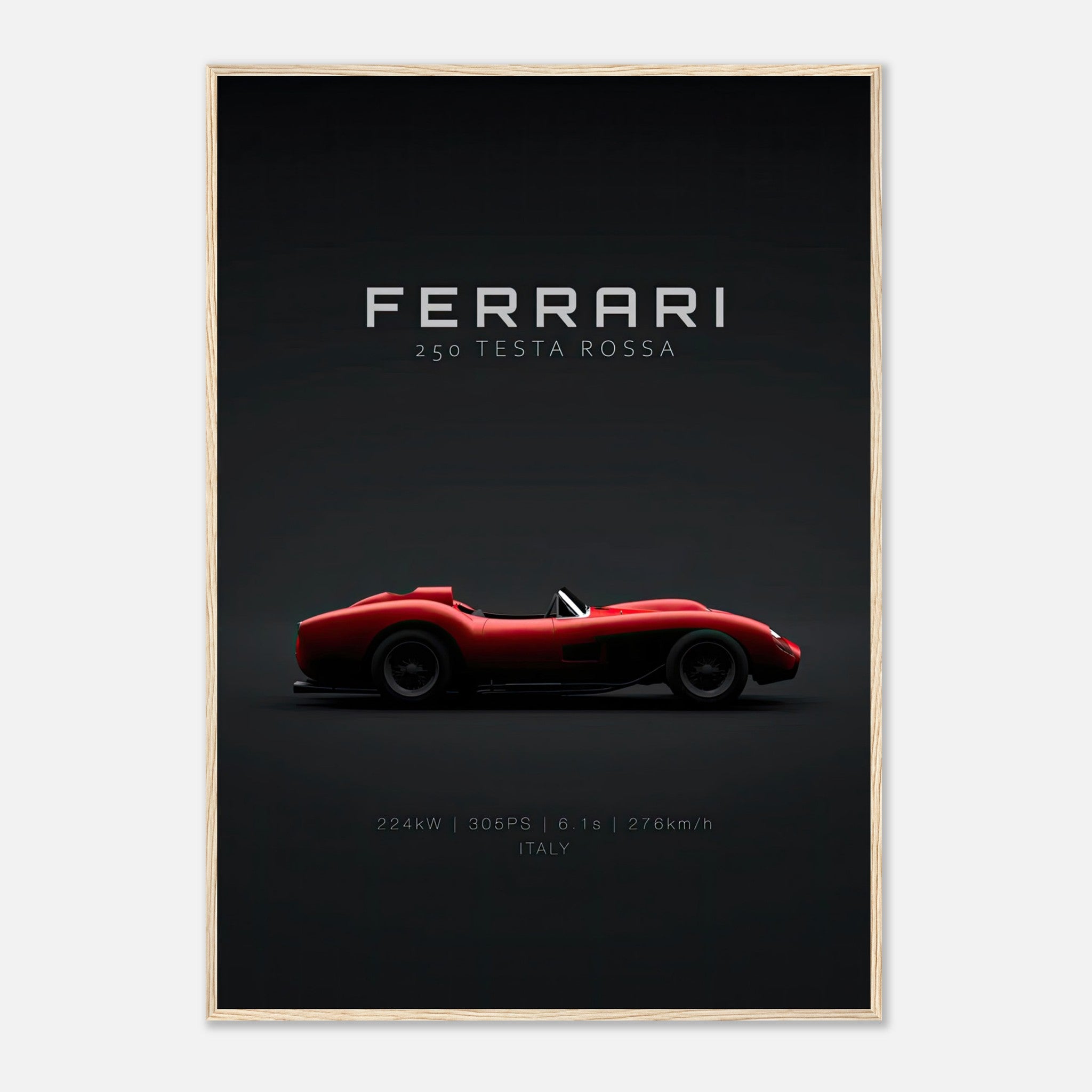 Ferrari 250 Testa Rossa framed poster showcasing sleek design on minimalist black background.