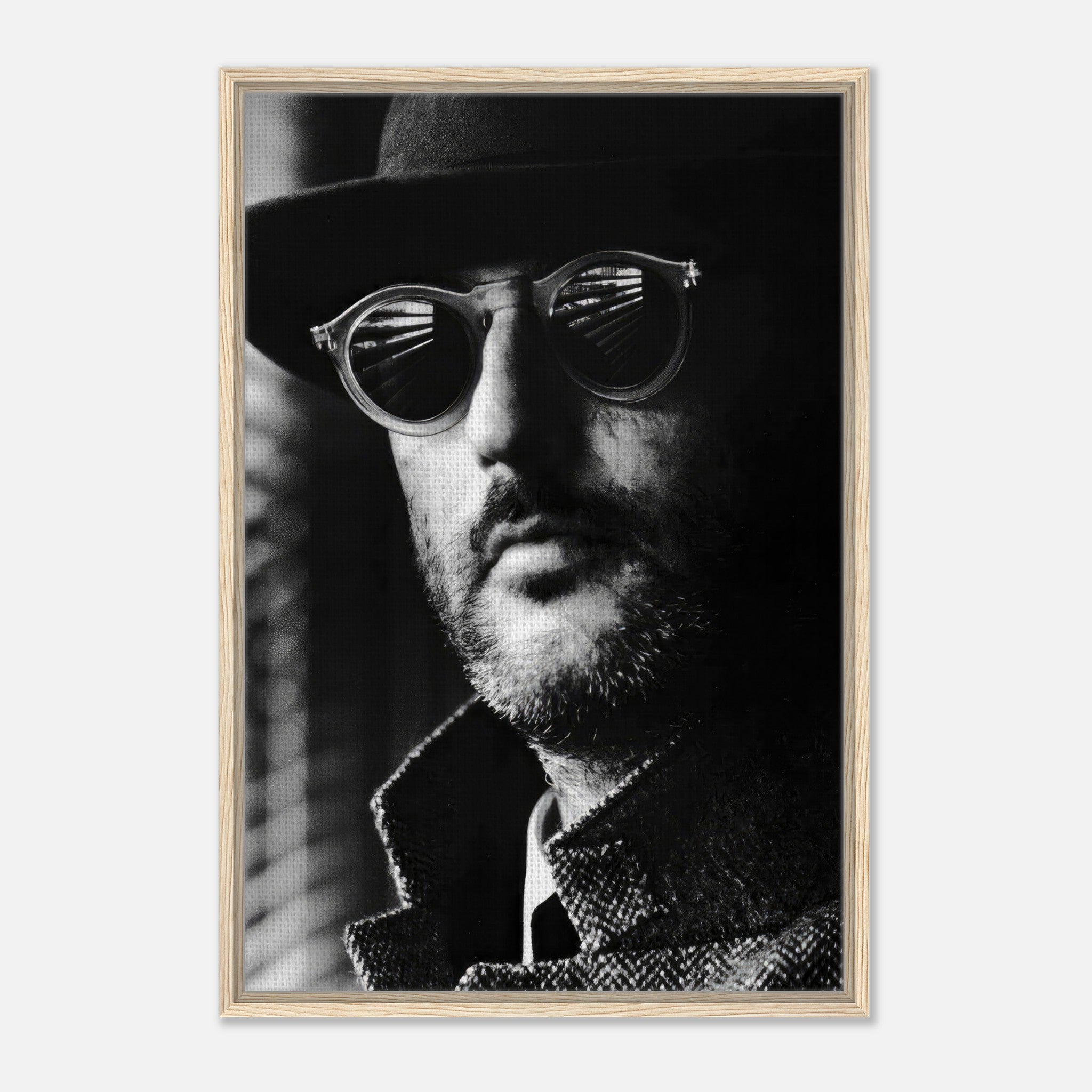 Jean Reno Leon Photography framed print, black and white portrait with vintage sunglasses, stylish home decor.