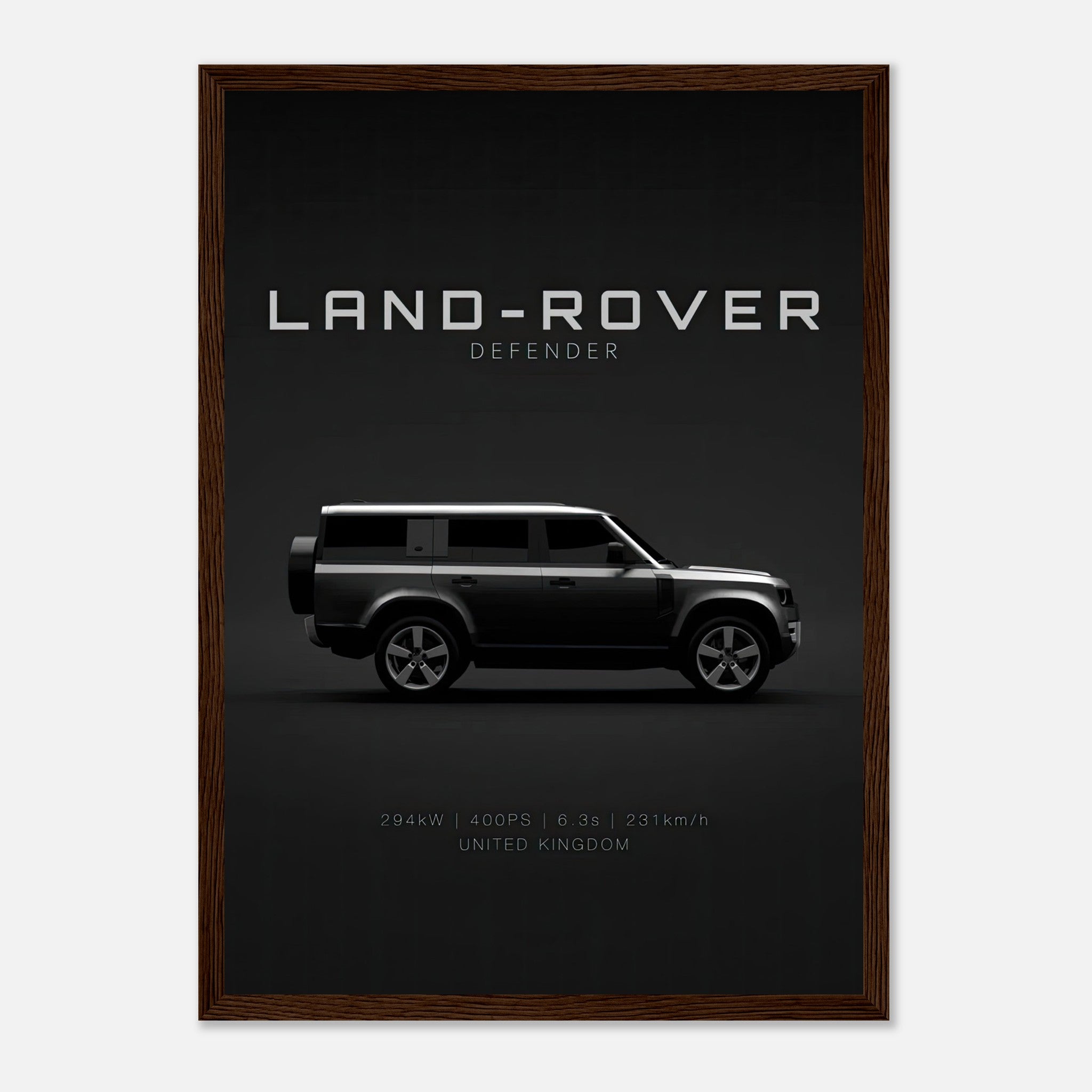 Framed print of Land Rover Defender featuring minimalist design and side profile, capturing rugged elegance.