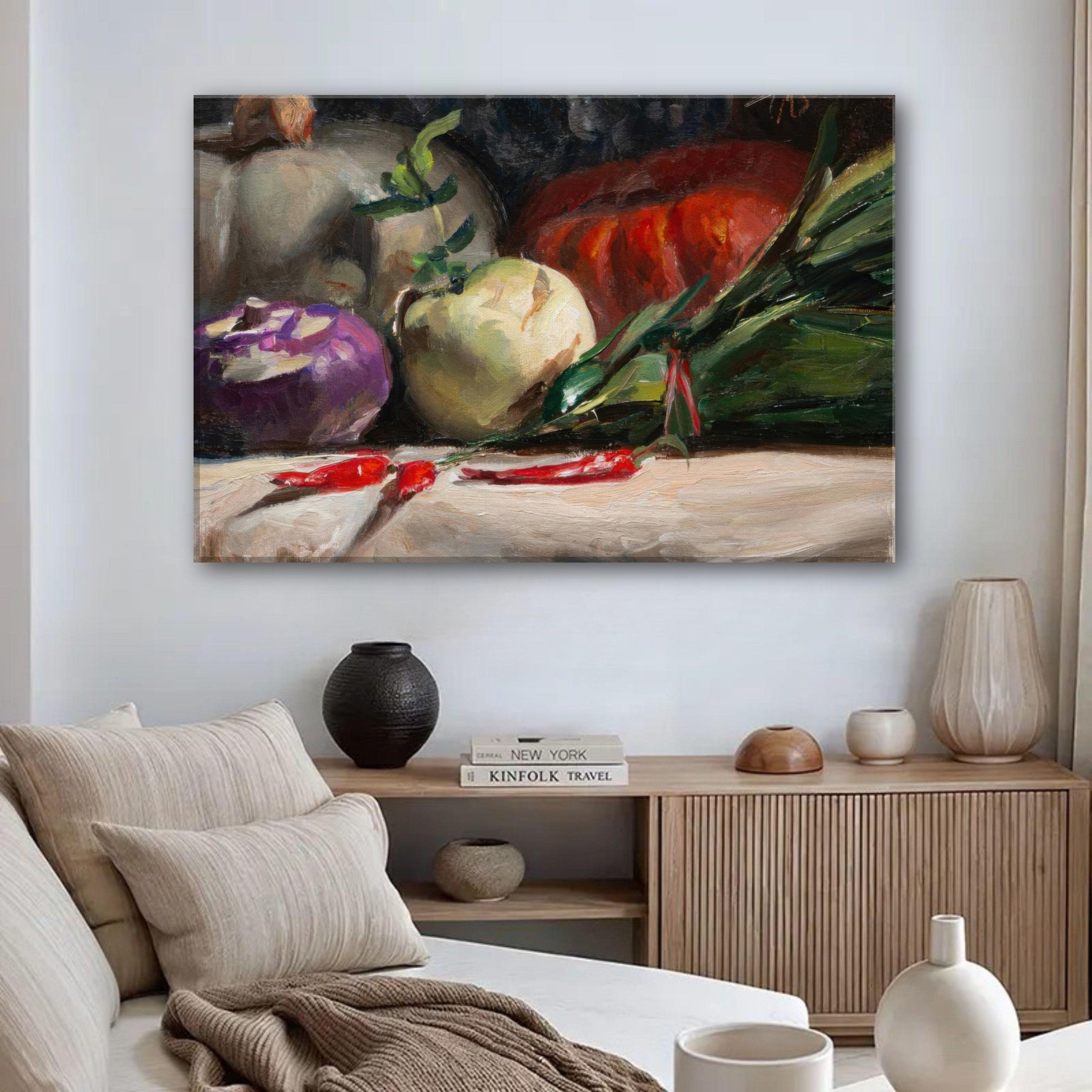 Kohlrabi, pumpkins, and chilis canvas print in a cozy living room setting.