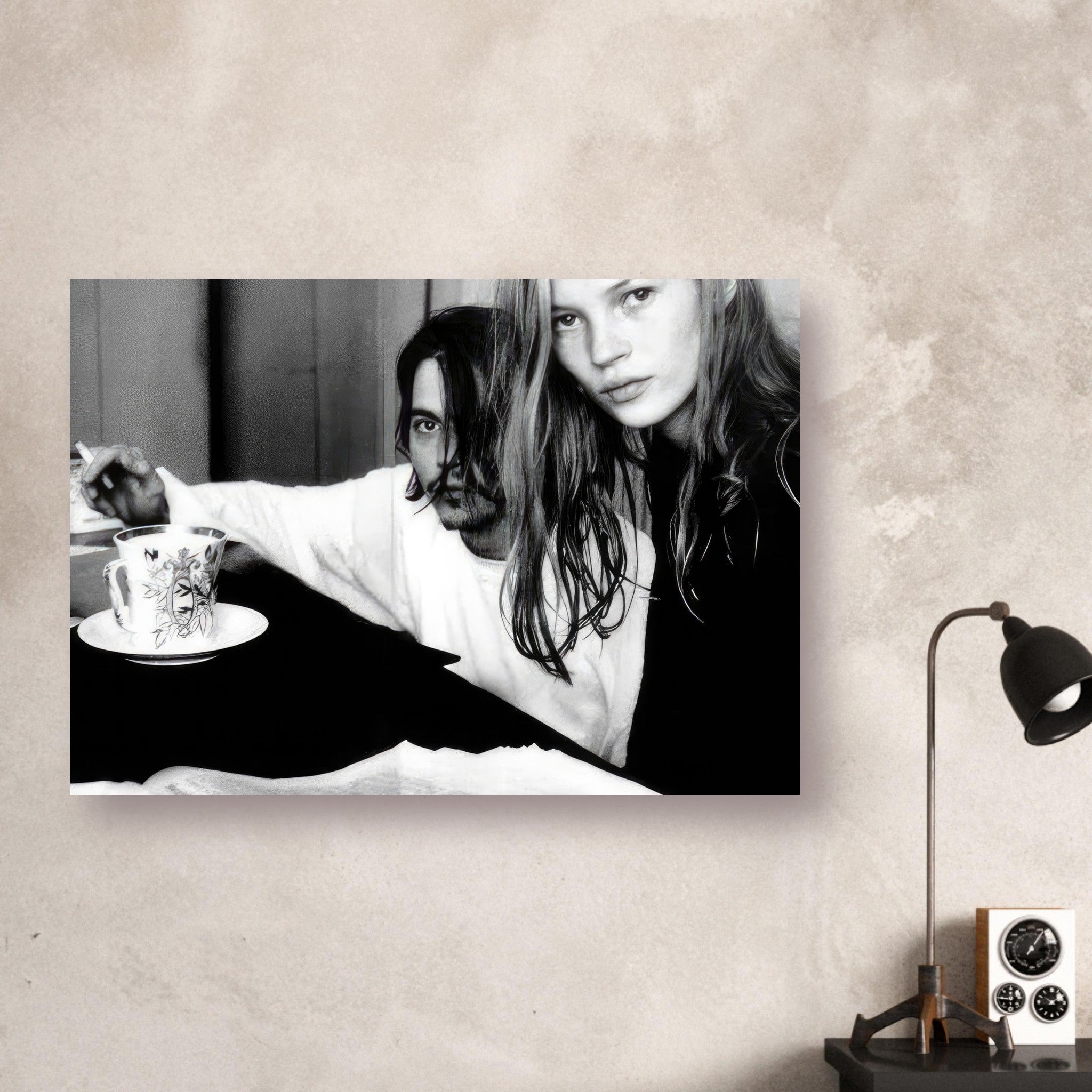Rebel Romance poster of Johnny Depp and Kate Moss, black-and-white 90s rock-and-roll photography.