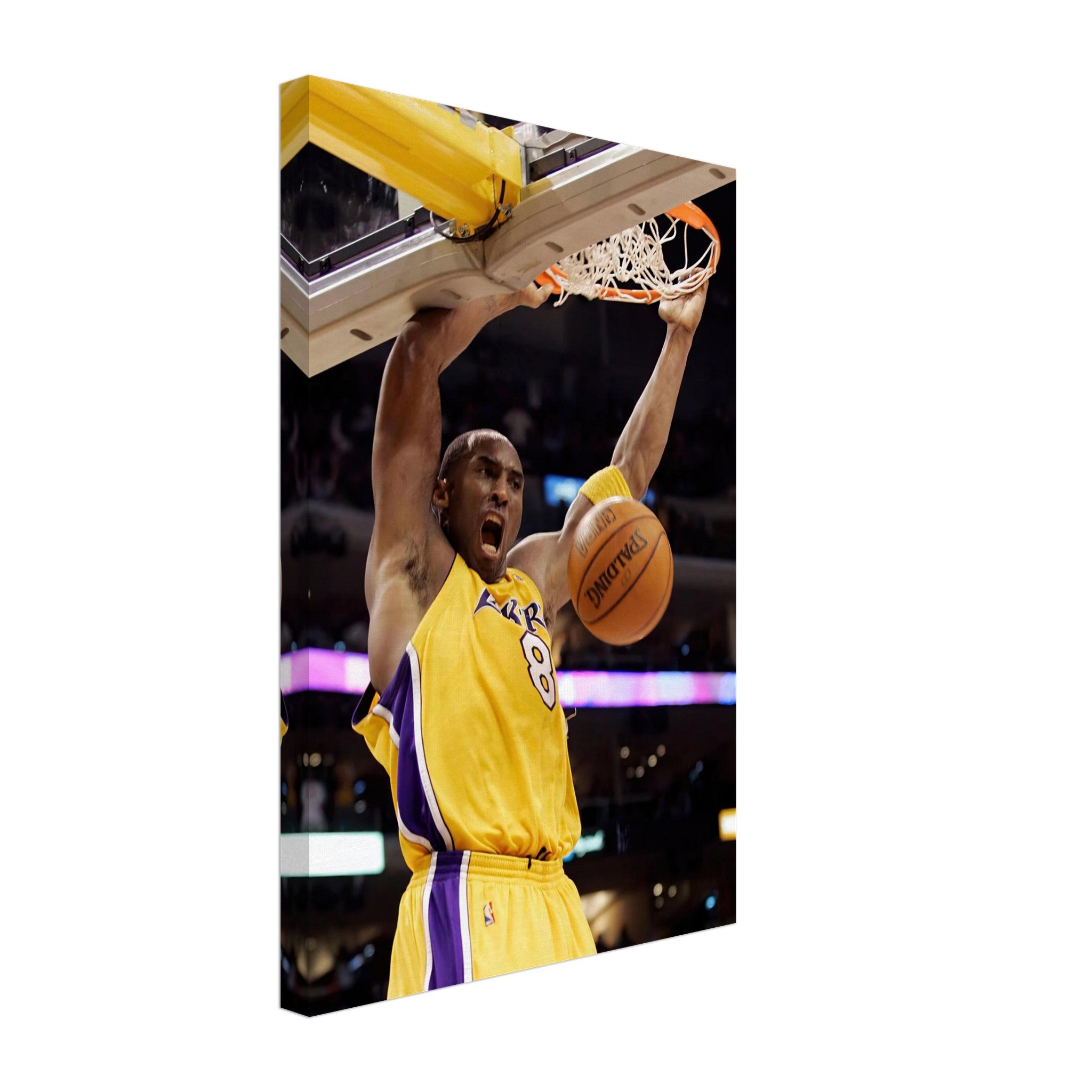 Kobe Bryant performing an iconic slam dunk in a Lakers jersey, captured in a vibrant canvas print.