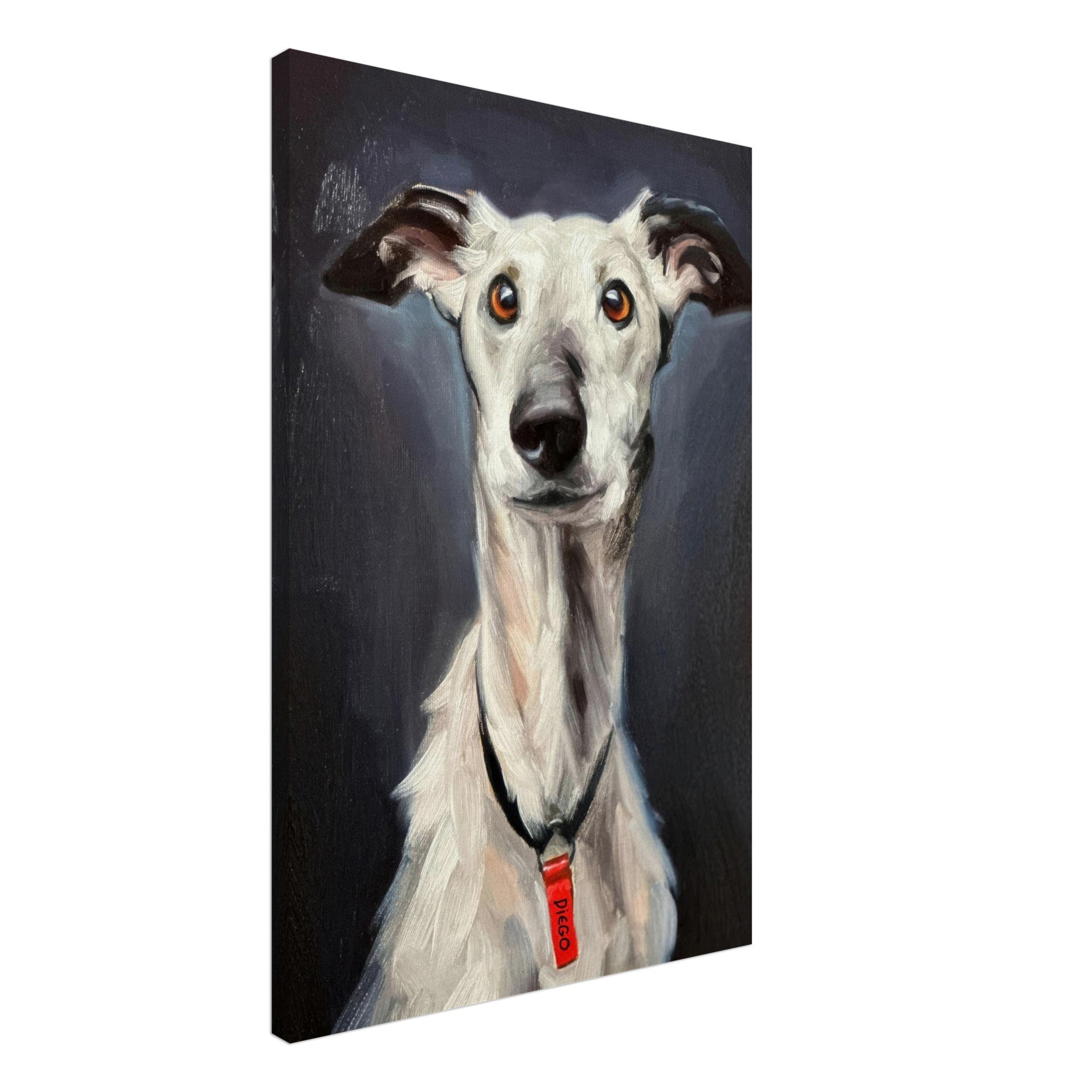 Greyhound dog painting canvas print featuring a white greyhound with soulful eyes and a striking artistic style.