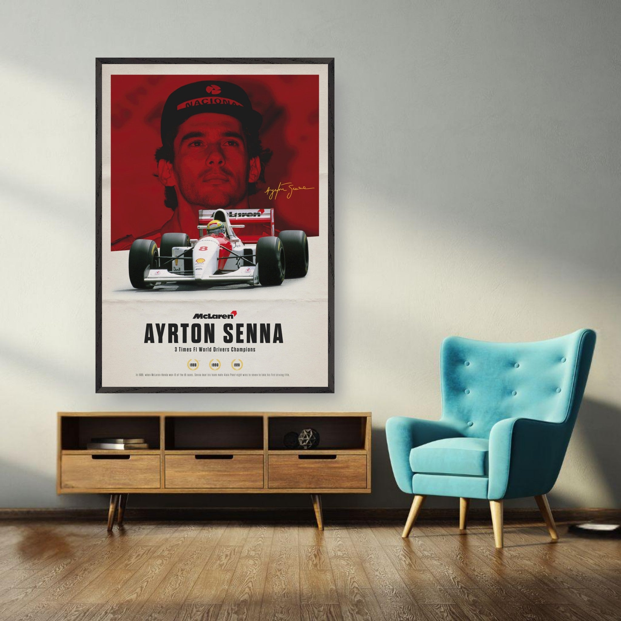 Ayrton Senna vintage framed art featuring his McLaren car and iconic portrait in vibrant red tones.