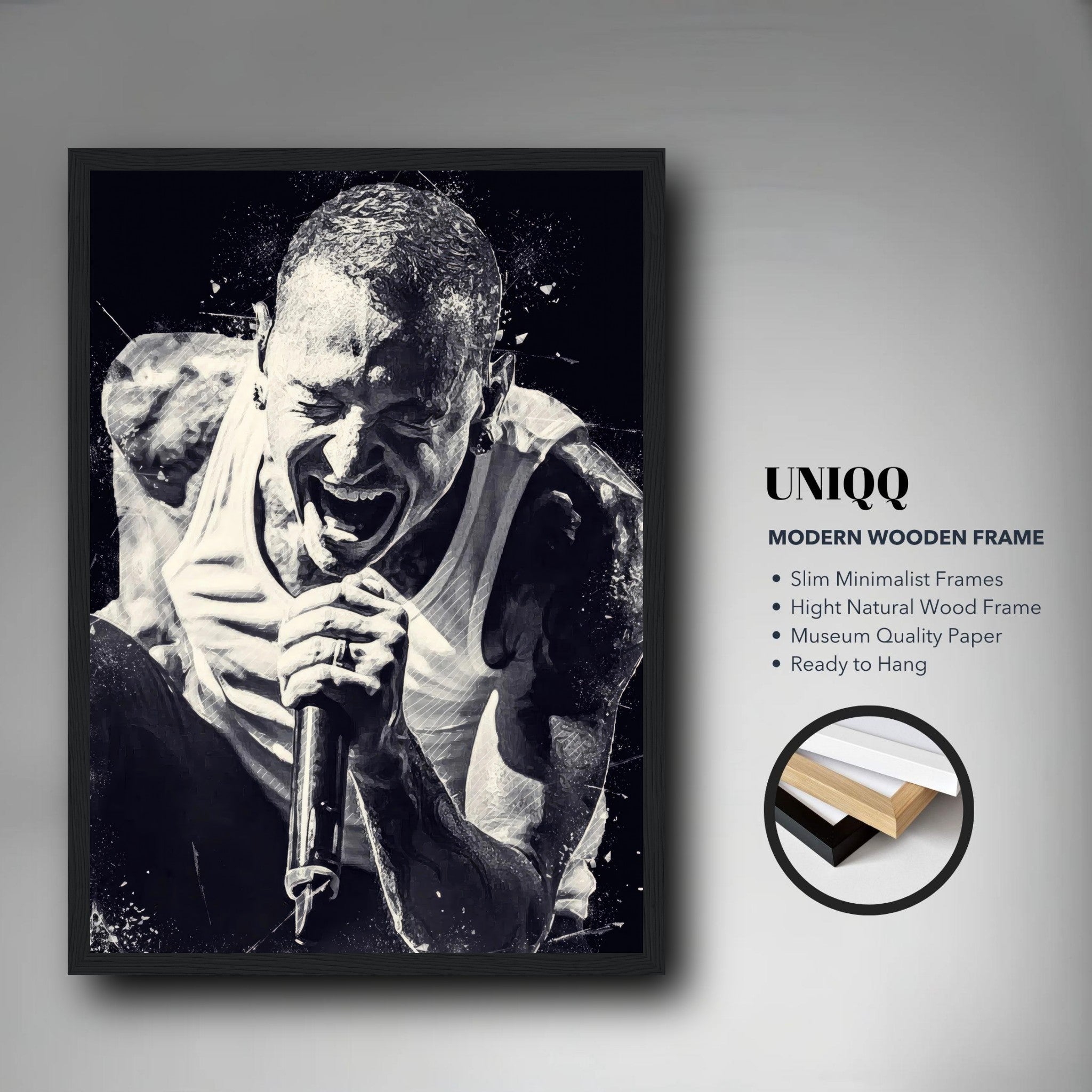 Chester Bennington framed print poster in modern wooden frame, capturing his intense stage performance in black-and-white.
