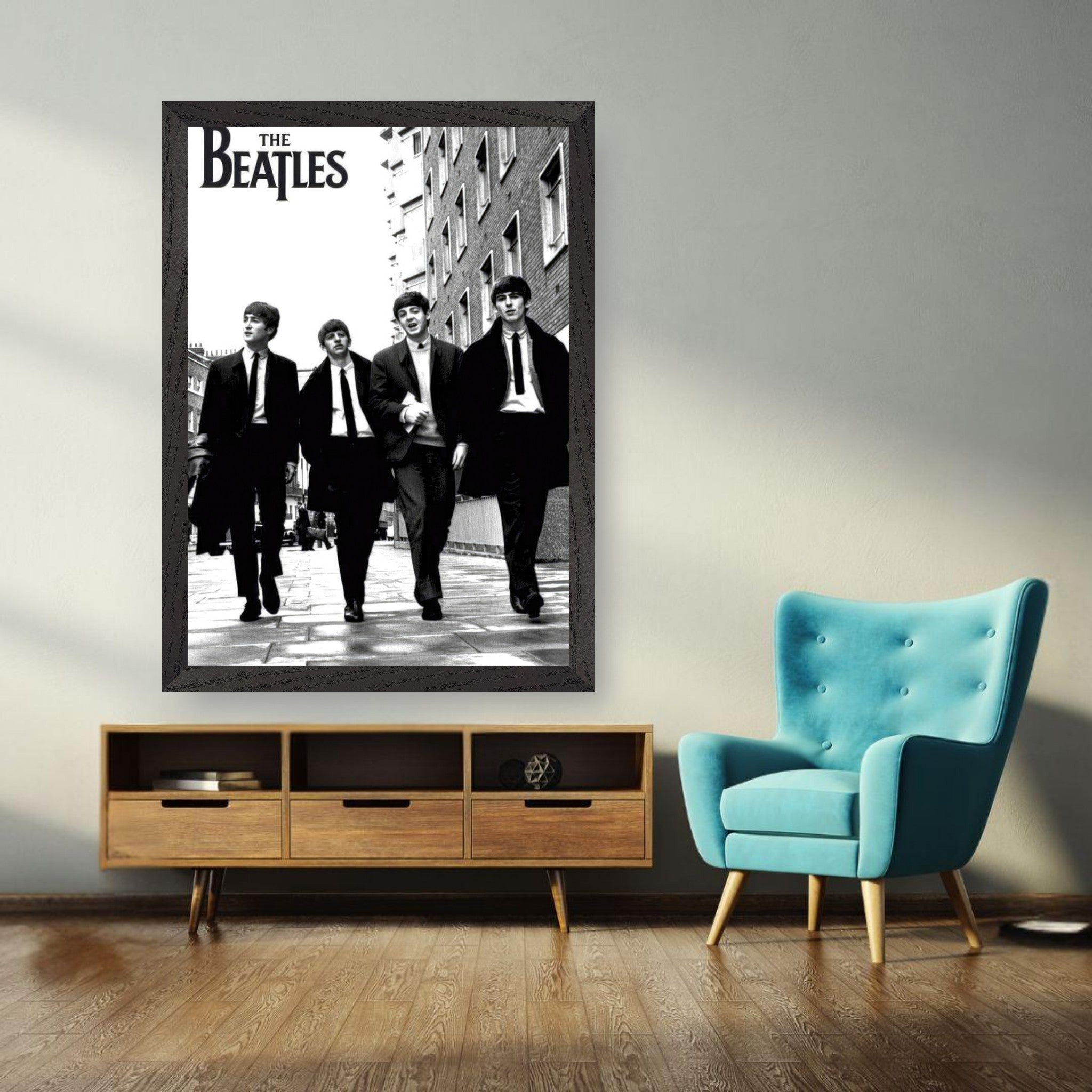 The Beatles vintage framed print in black and white, featuring iconic band members walking together.