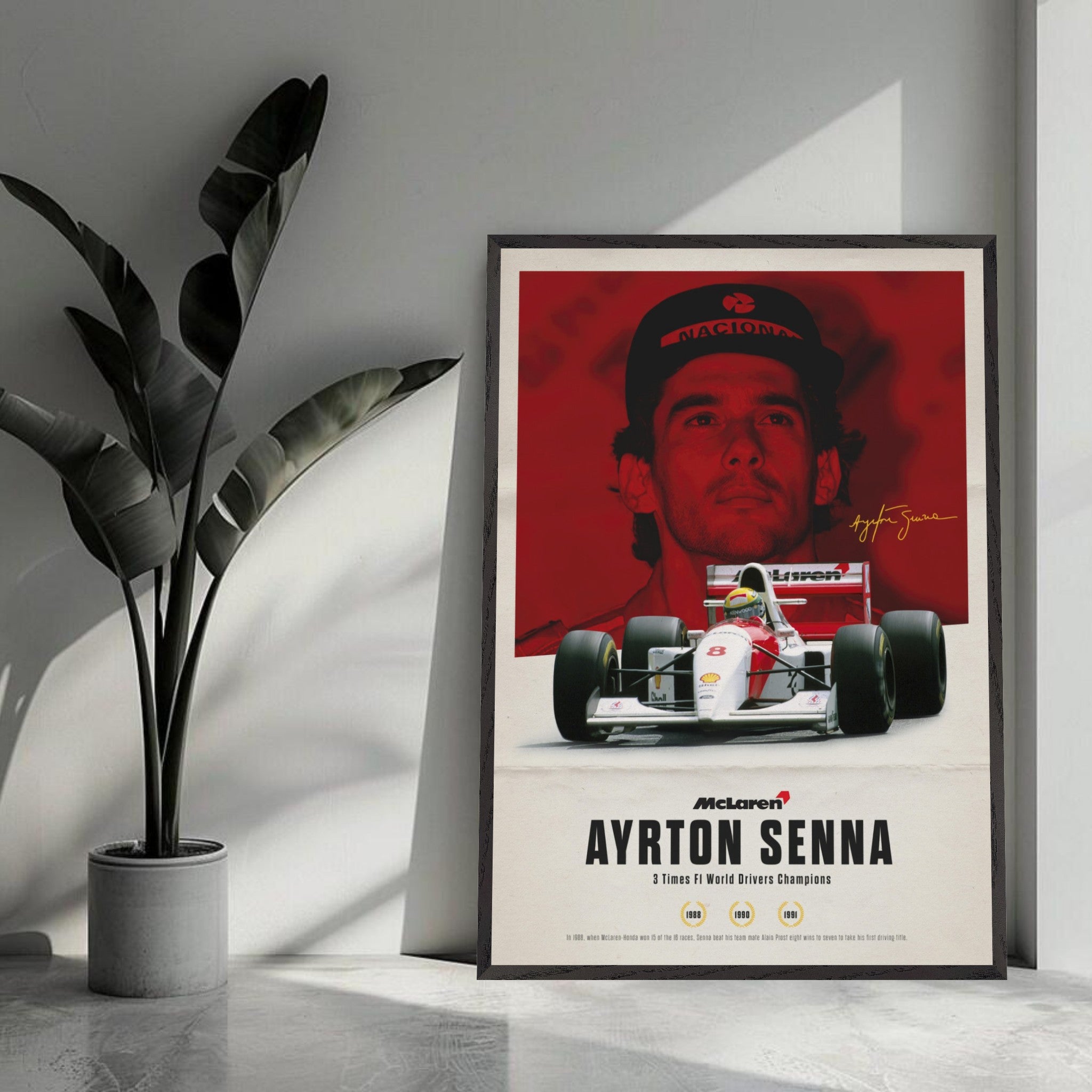 Ayrton Senna vintage framed art featuring McLaren car and portrait in red tones, celebrating his F1 legacy.