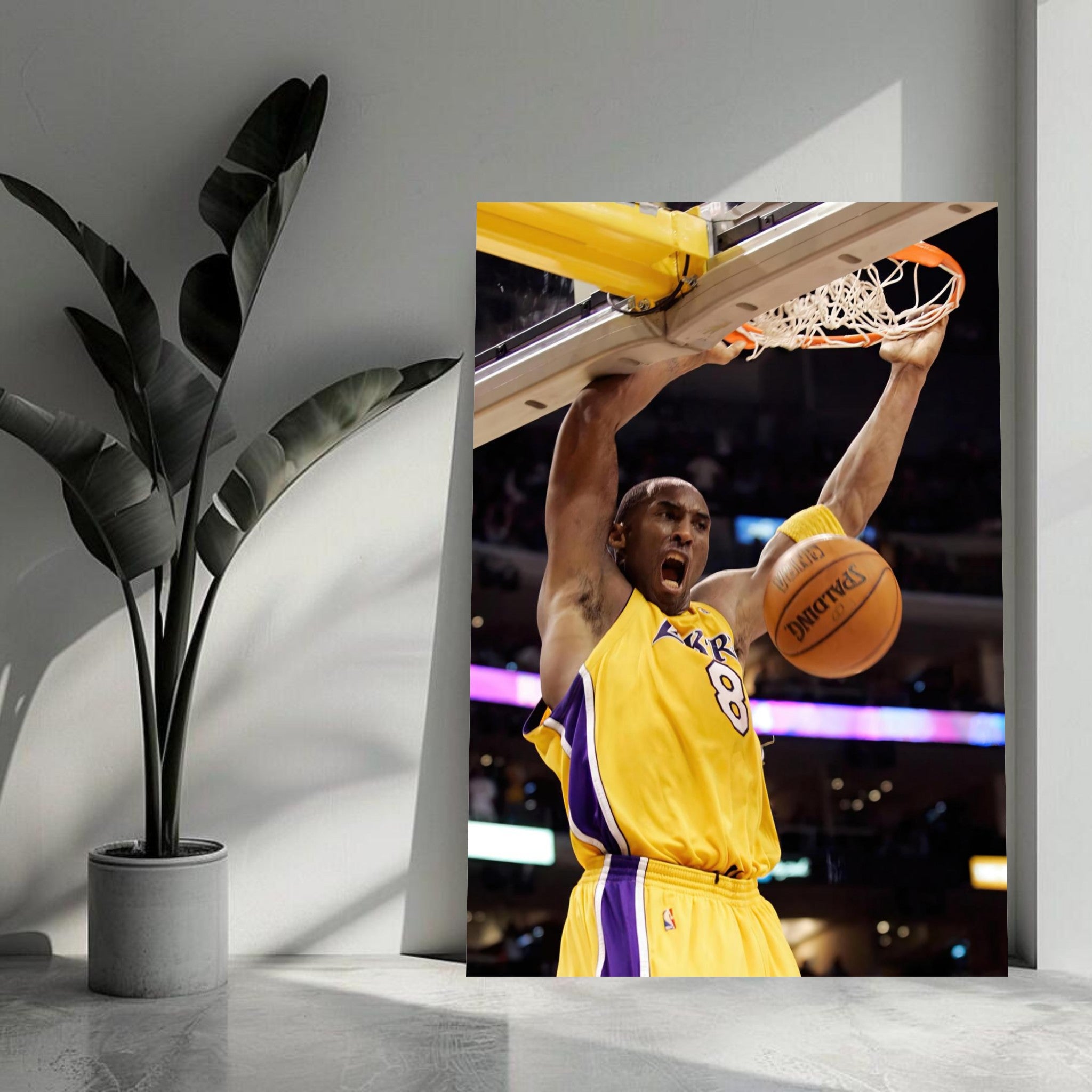 Kobe Bryant's iconic slam dunk metal print showcasing his powerful move in a Lakers jersey.