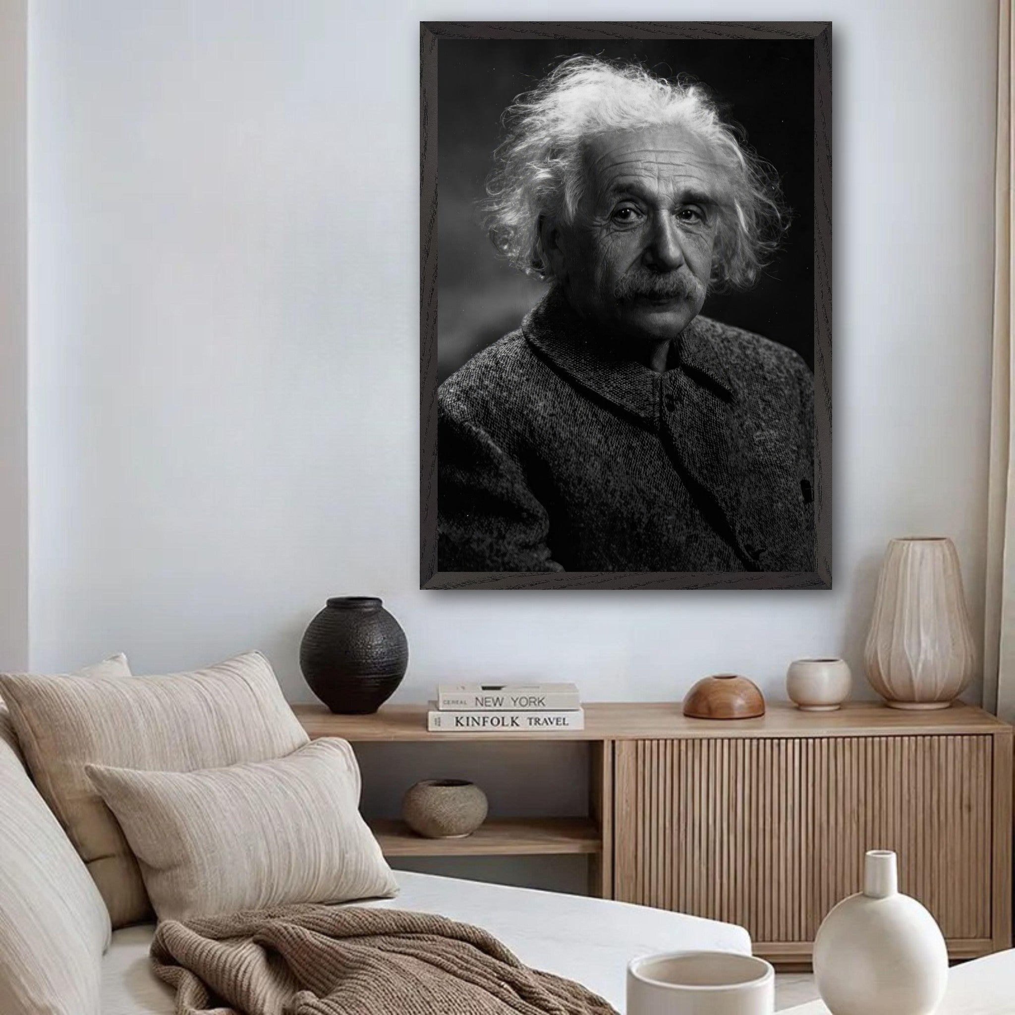 Albert Einstein portrait in black and white, framed and displayed in a modern living room setting.