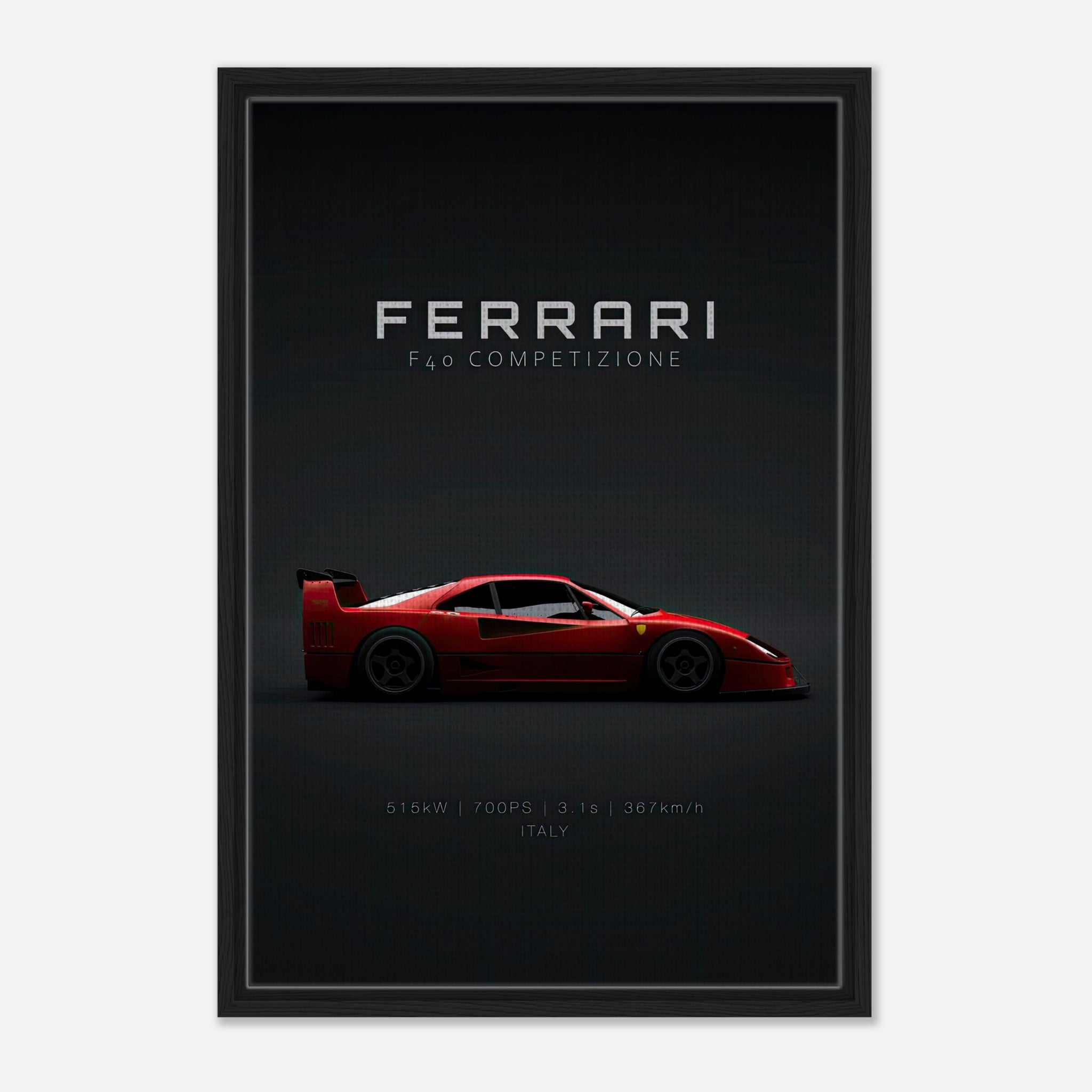 Ferrari F40 Competizione framed canvas art featuring a sleek red supercar on a black background.