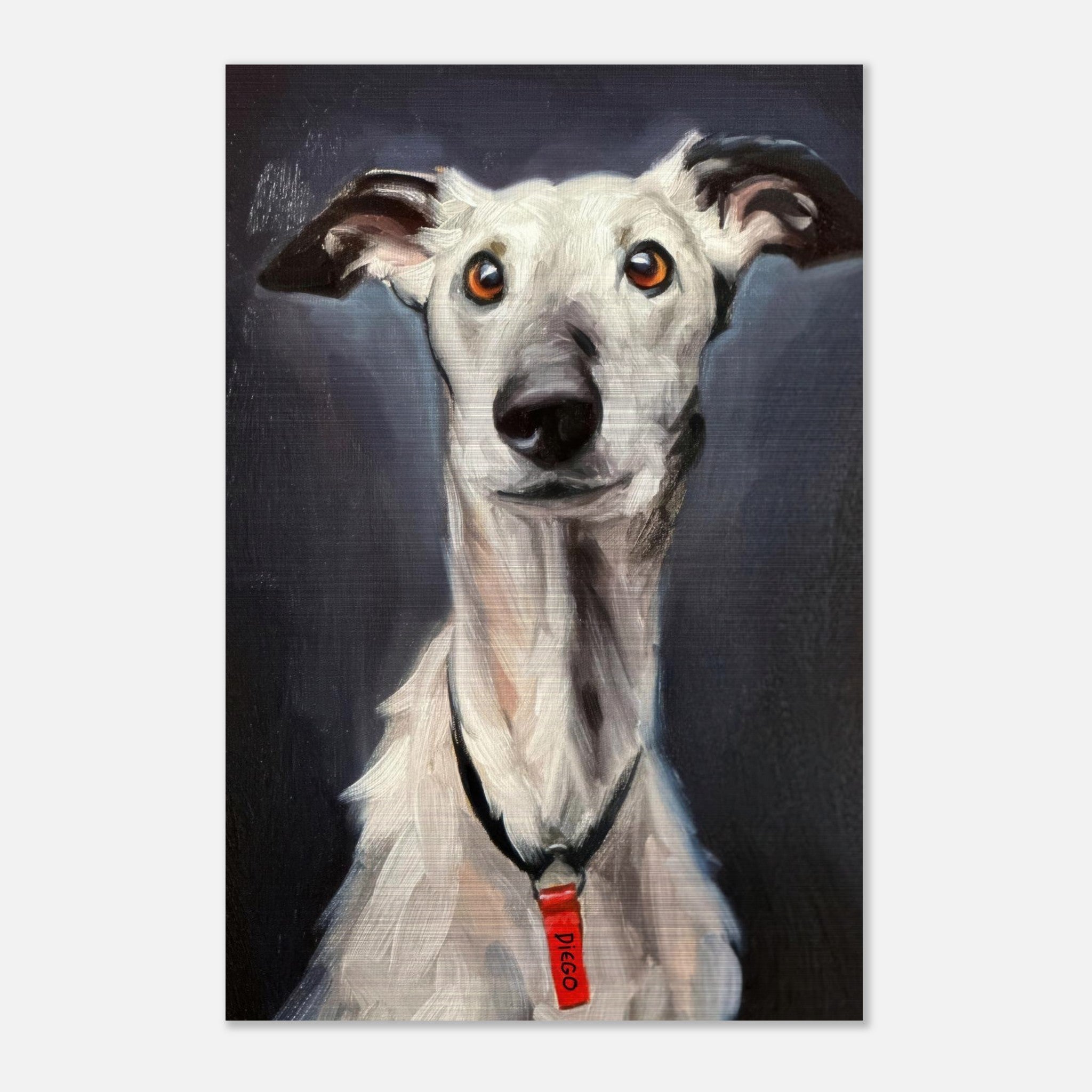 Greyhound dog painting in brushed metal finish showcasing expressive eyes and sleek coat.