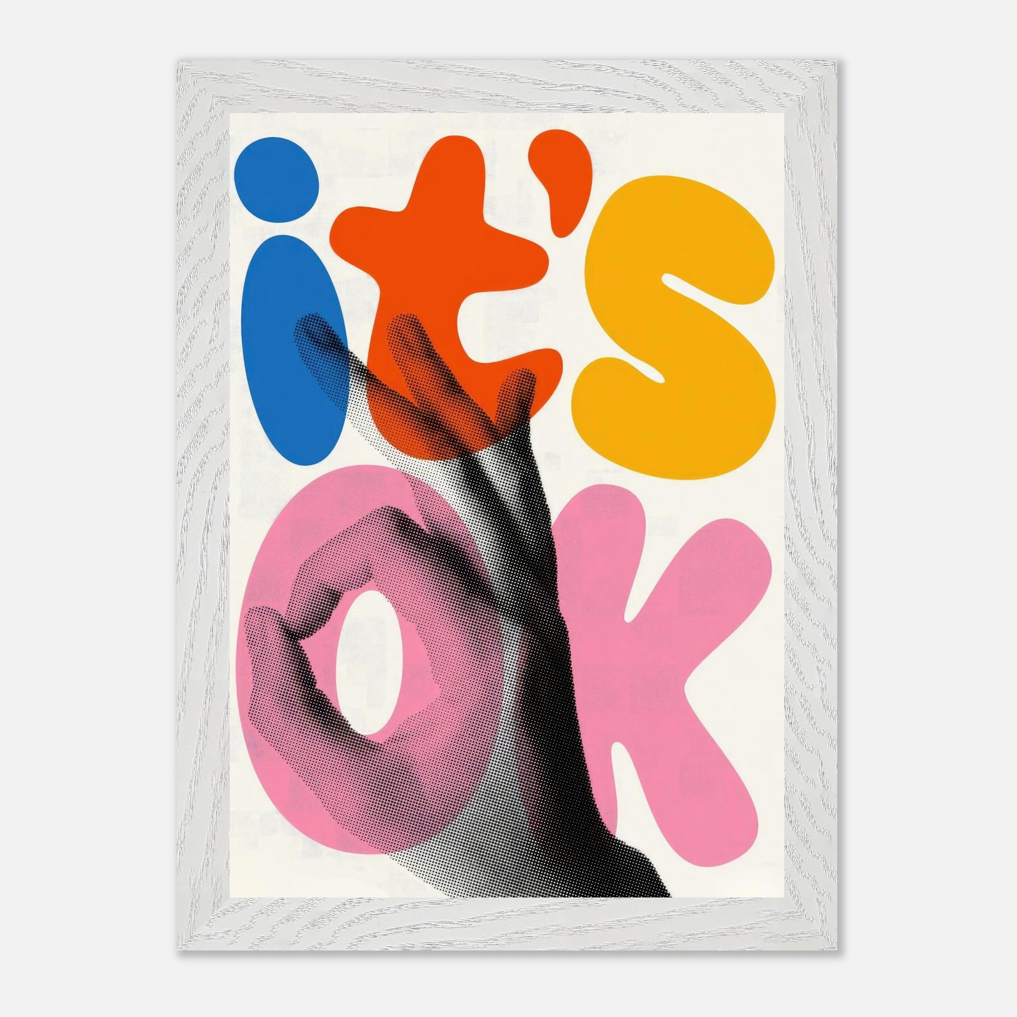 It's Ok Retro Abstract Pop Art Vintage Framed Print featuring bold colors and a hand gesture in a playful design.