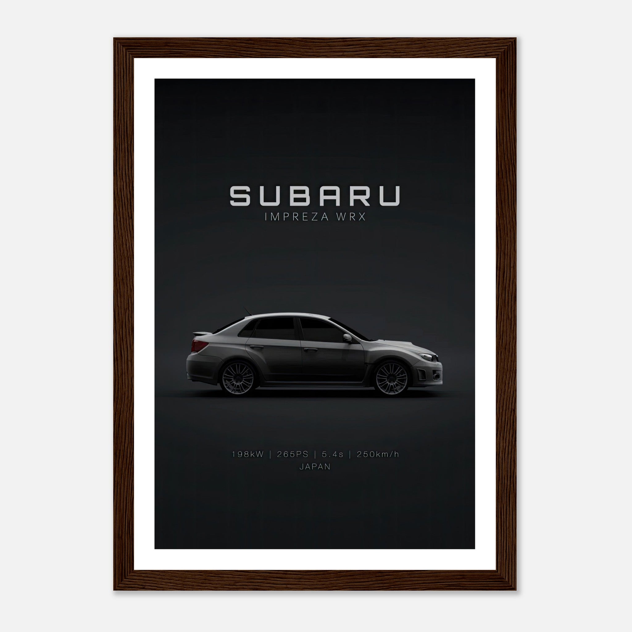 Subaru WRX framed poster showcasing a sleek, minimalist design on a dark background, highlighting the iconic car.