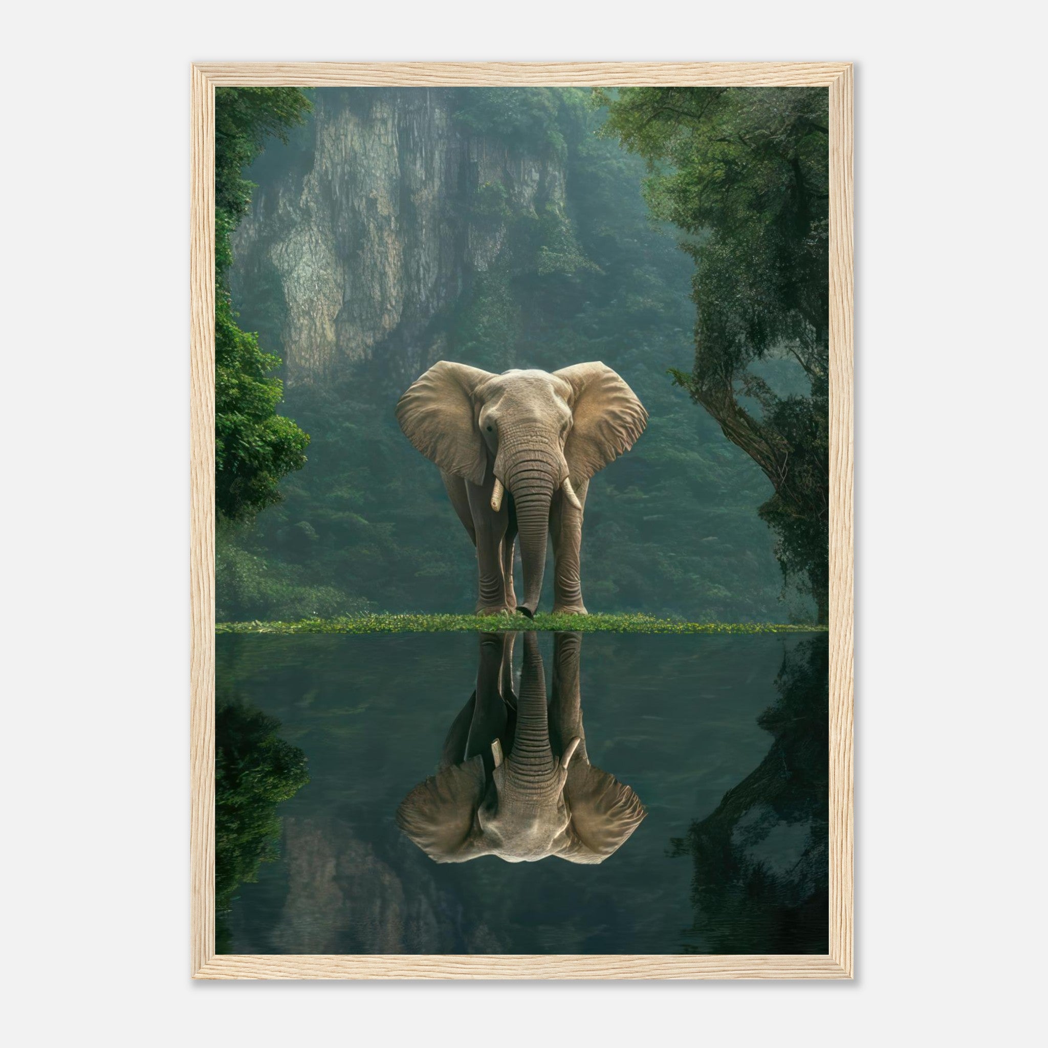 Framed print of a majestic elephant reflecting in serene water, surrounded by lush jungle scenery.
