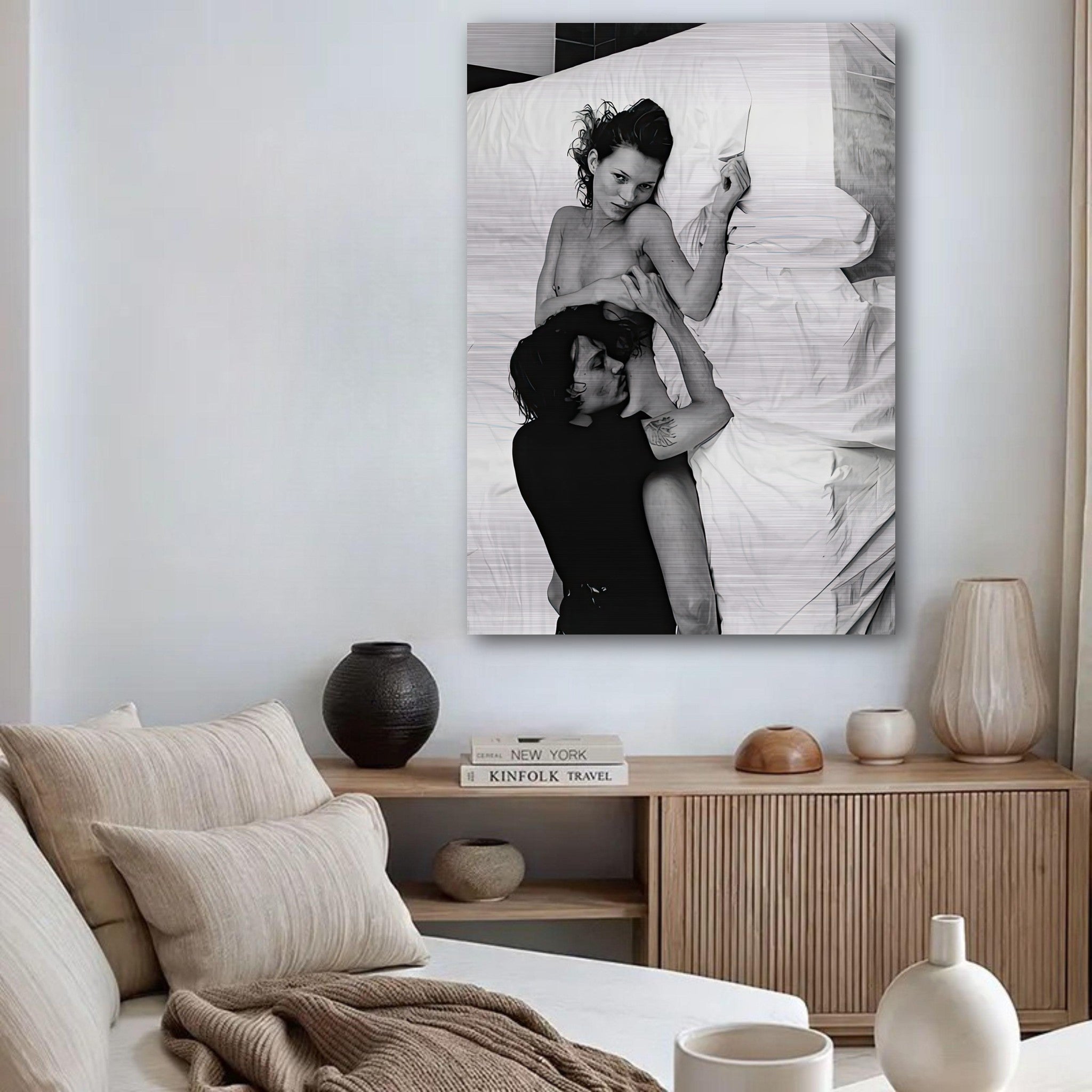 Brushed metal print of Kate Moss and Johnny Depp in bed, capturing 1990s romance. Iconic black-and-white artwork.