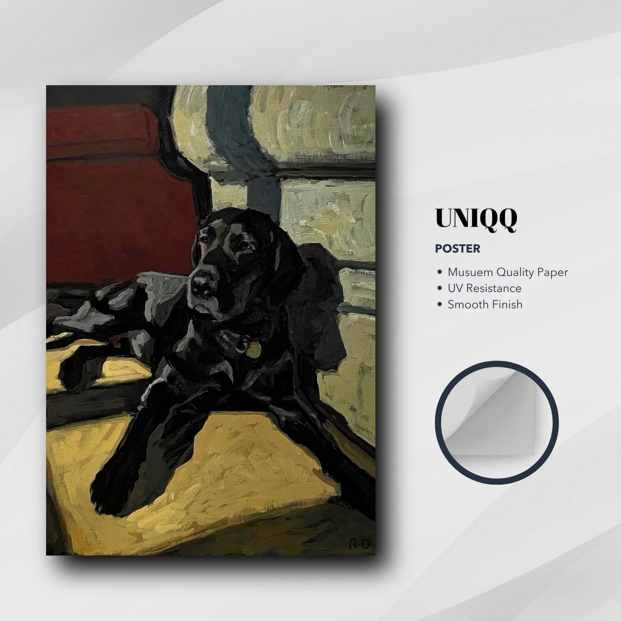 Black Labrador dog painting poster on museum quality paper, showcasing a relaxed dog in rich tones.