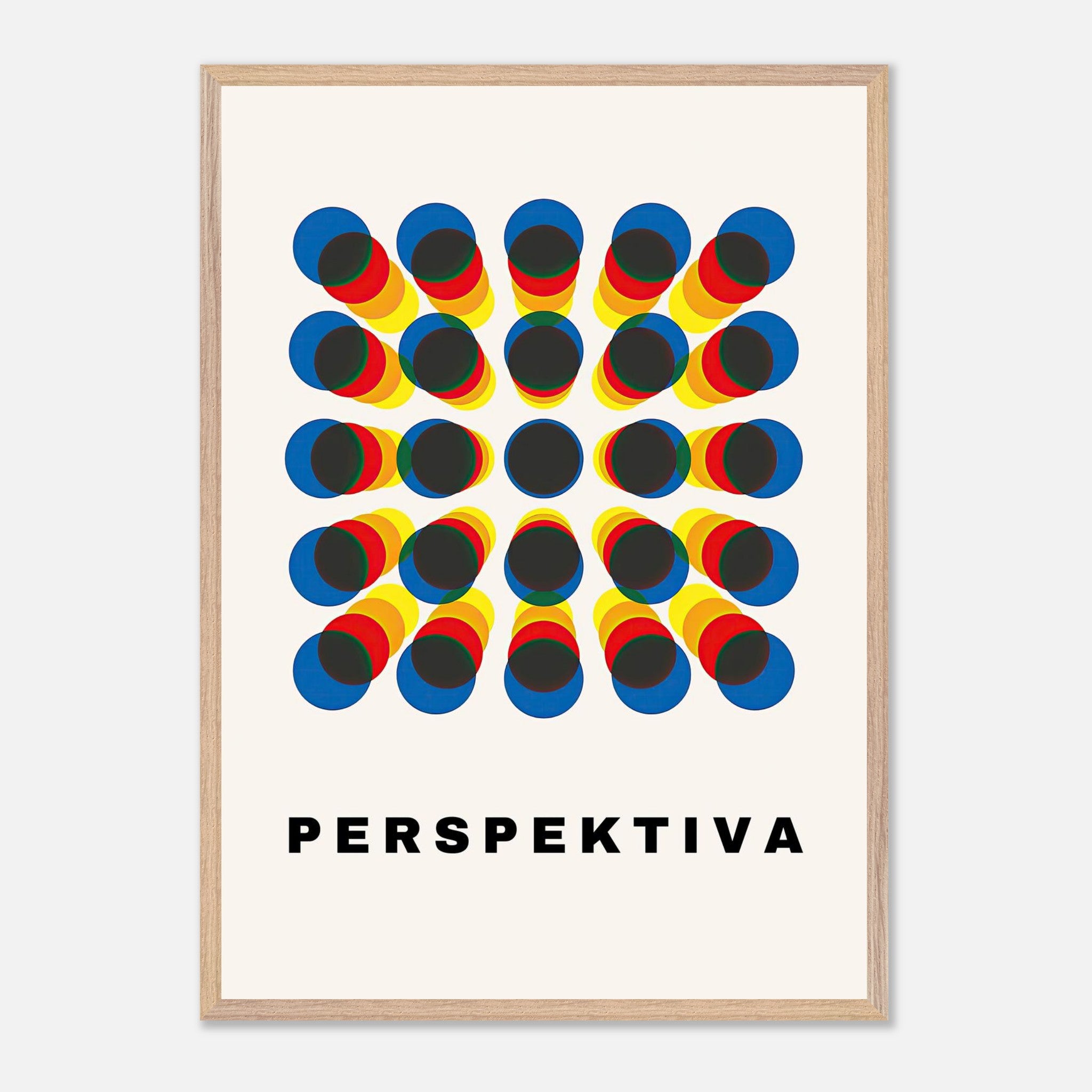 Perspective Abstract Art print featuring bold colors and geometric patterns, titled 'Perspektiva', framed in light wood.