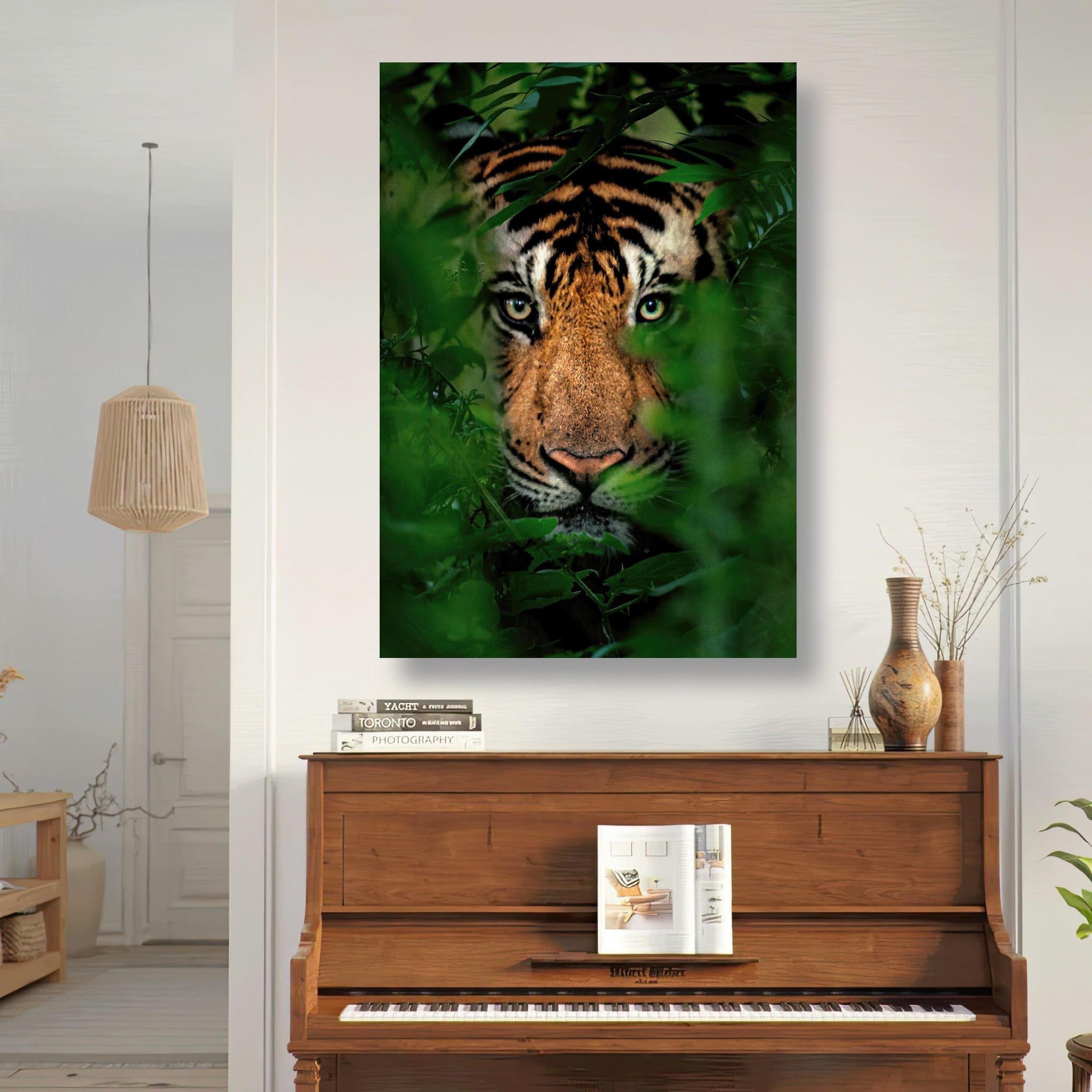 Majestic tiger gazing through dense foliage in a vibrant metal print, perfect for home decor.