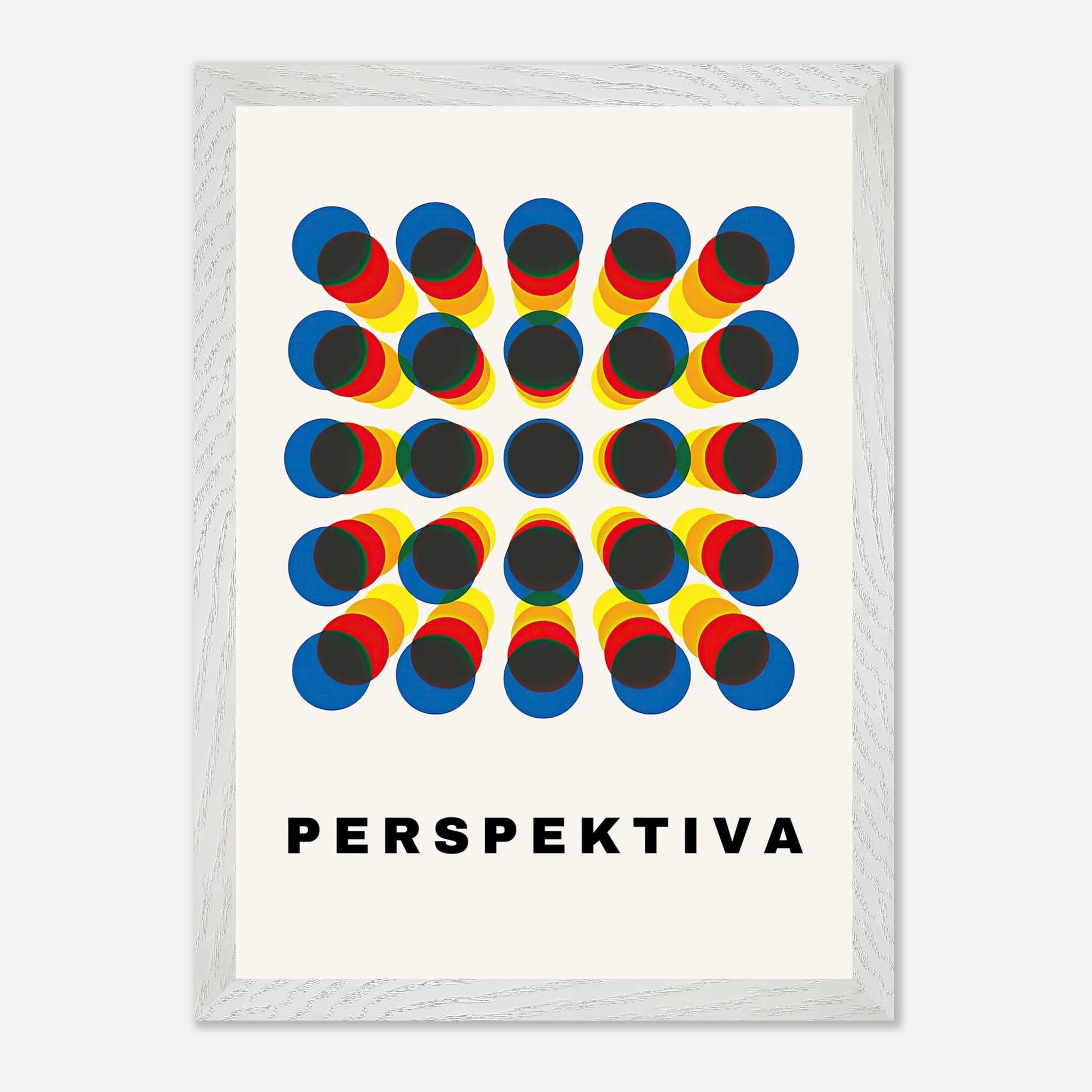Perspective Abstract Art print featuring geometric design with bold colors and minimalist text 'PERSPEKTIVA' in vintage frame.