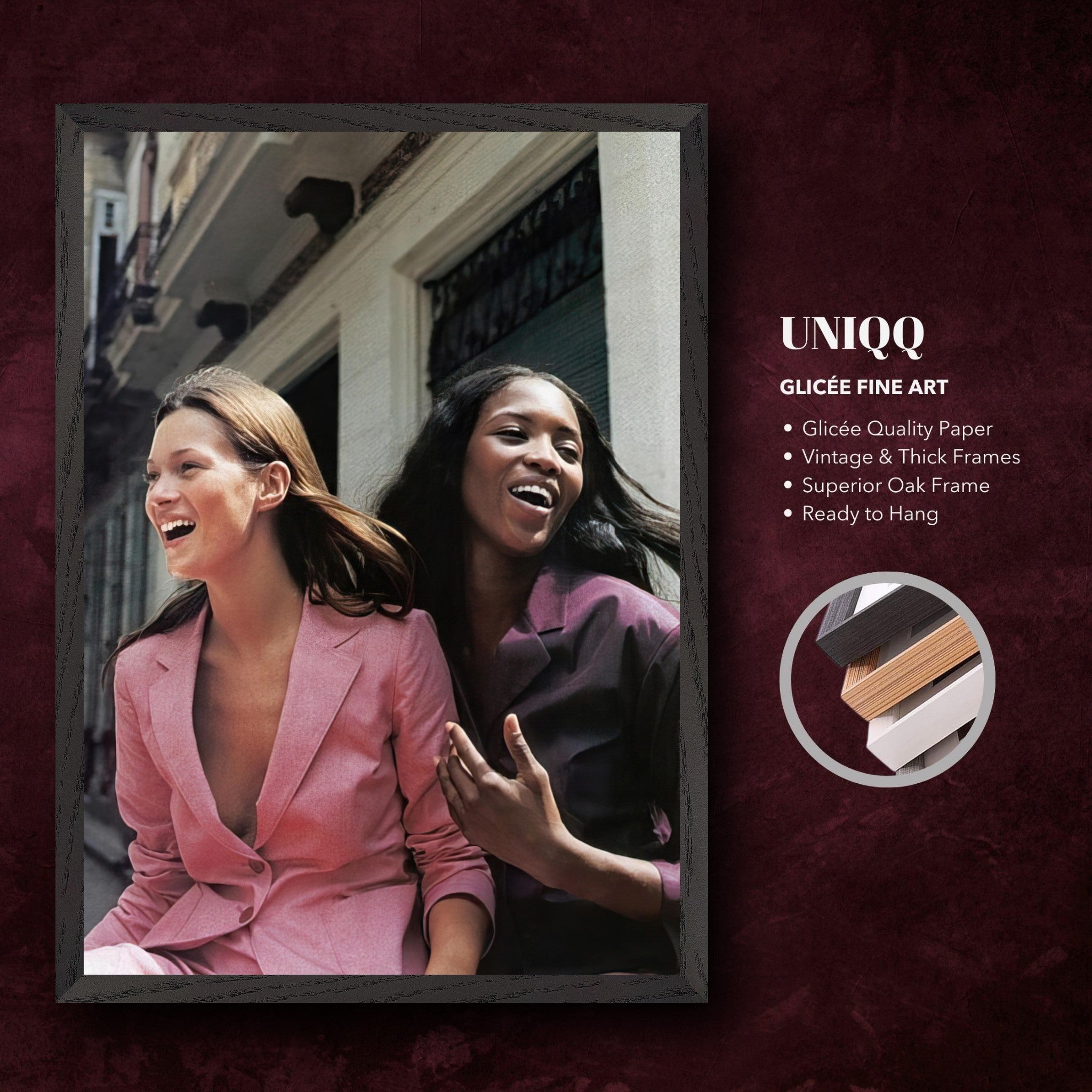 Naomi Campbell and Kate Moss in a vibrant fine art print, capturing timeless beauty and high fashion, framed in oak.