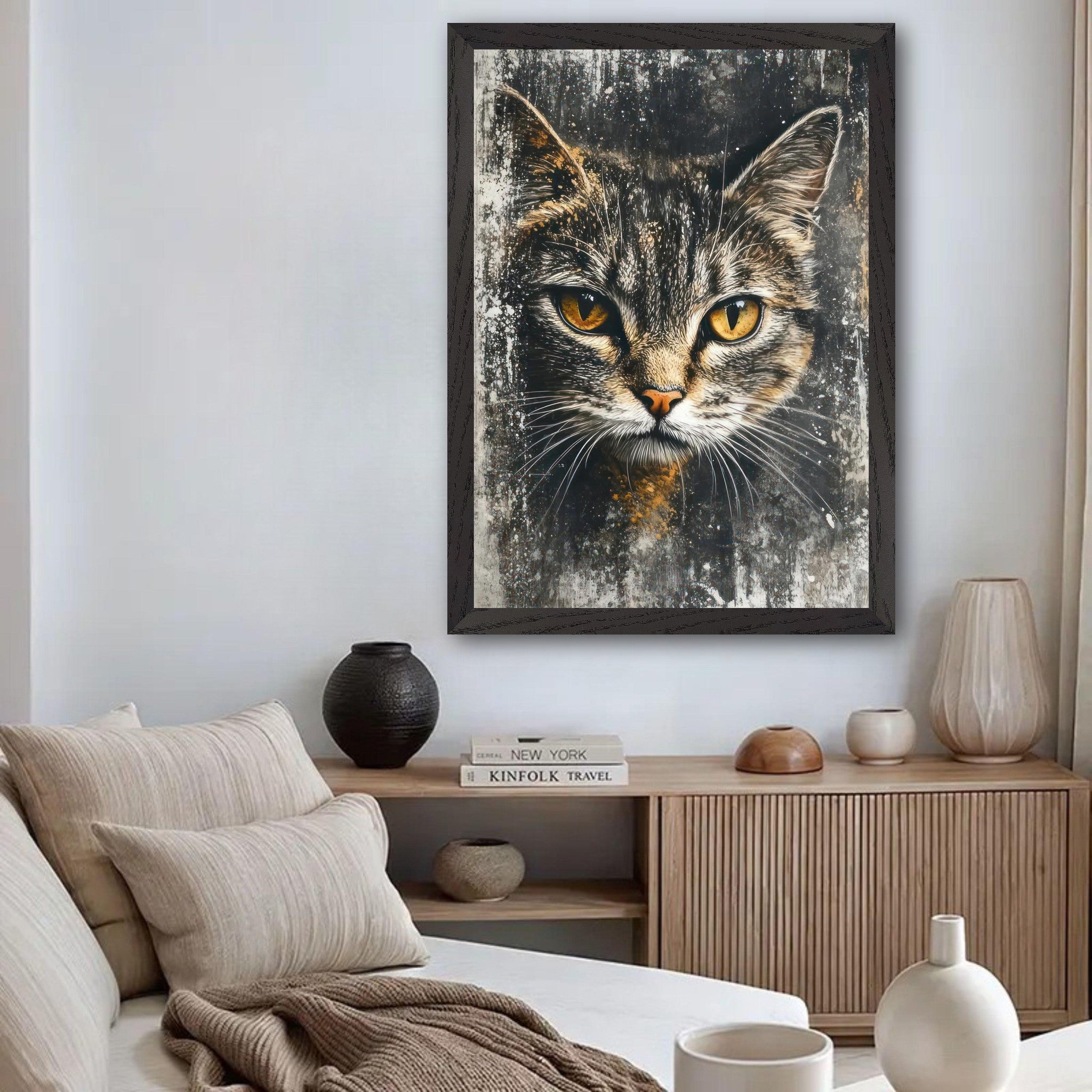 Vintage cat painting with golden eyes in a stylish framed print, enhancing home decor.