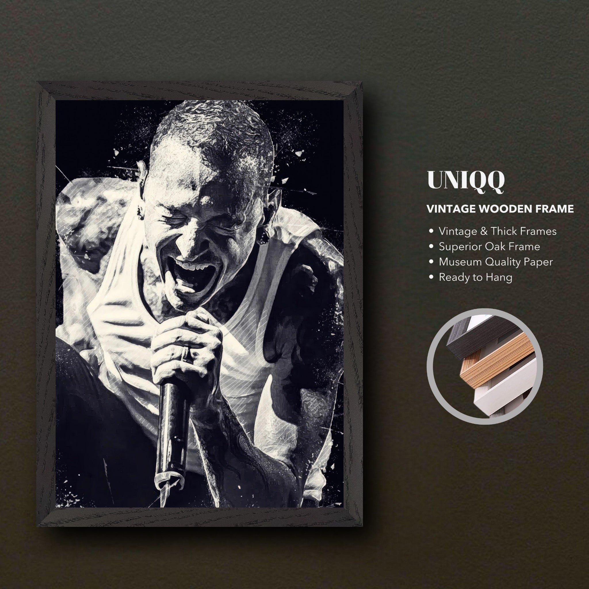Vintage framed print of Chester Bennington capturing his passionate performance, perfect for music lovers.