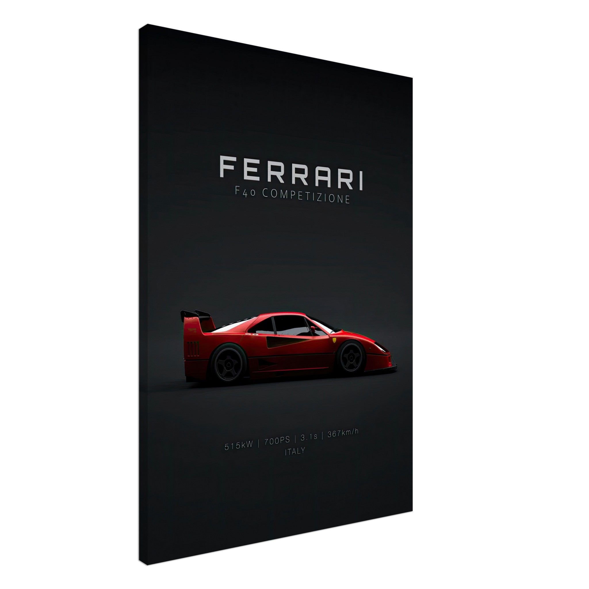 Ferrari F40 Competizione canvas artwork featuring a sleek red supercar on a black background.